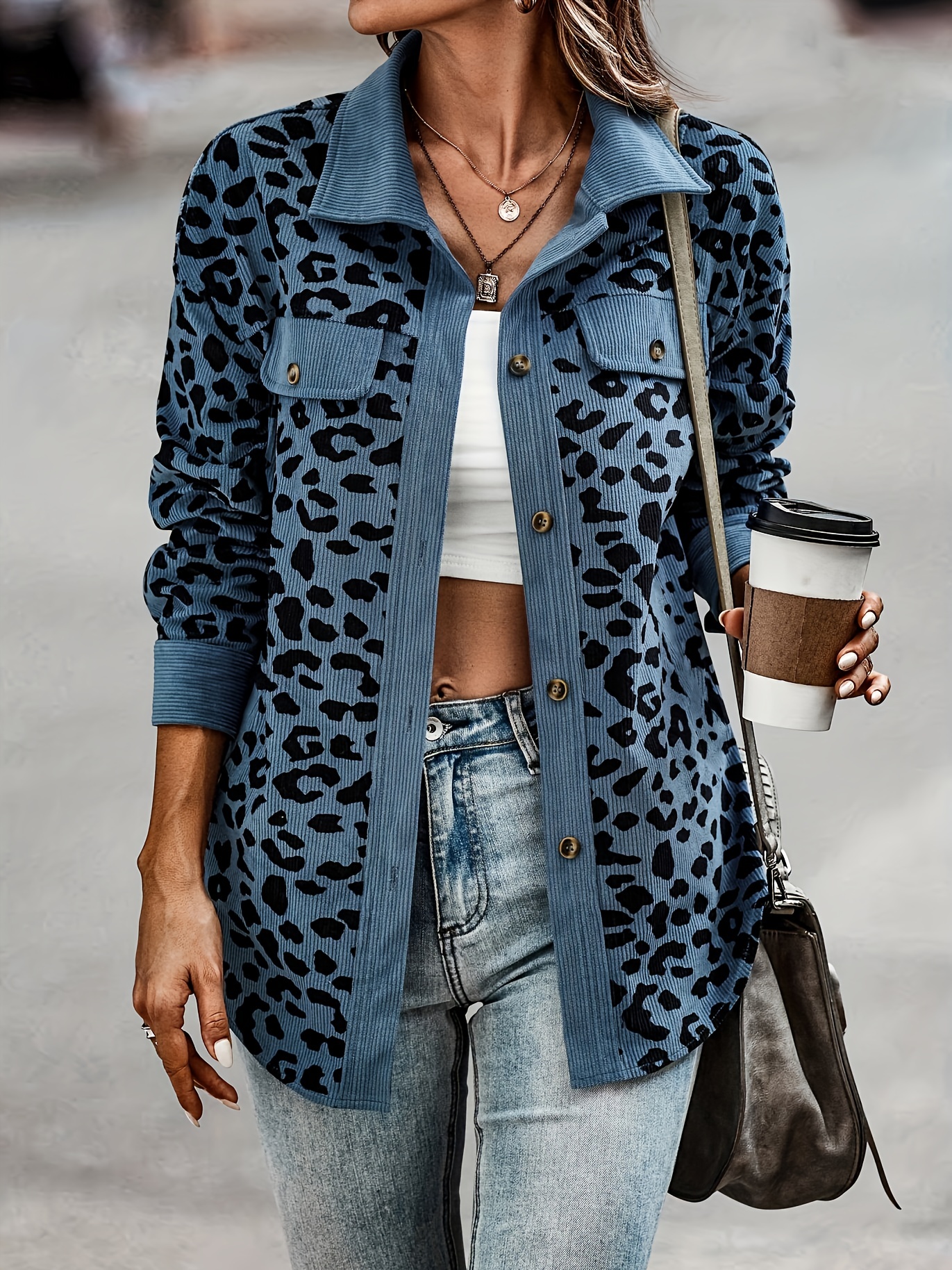 leopard print shacket jacket casual button front turn down collar long sleeve outerwear womens clothing details 26