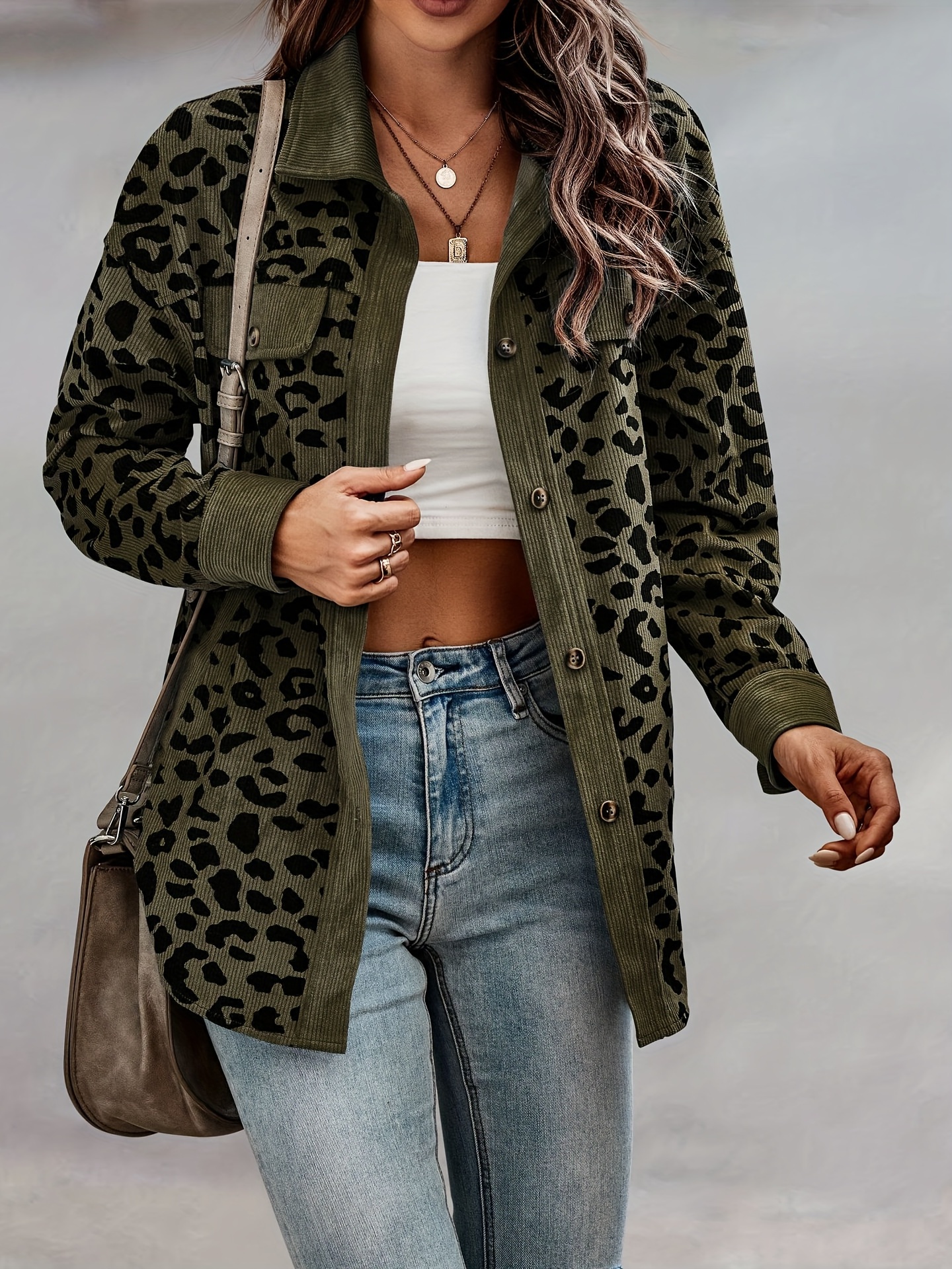 leopard print shacket jacket casual button front turn down collar long sleeve outerwear womens clothing details 27