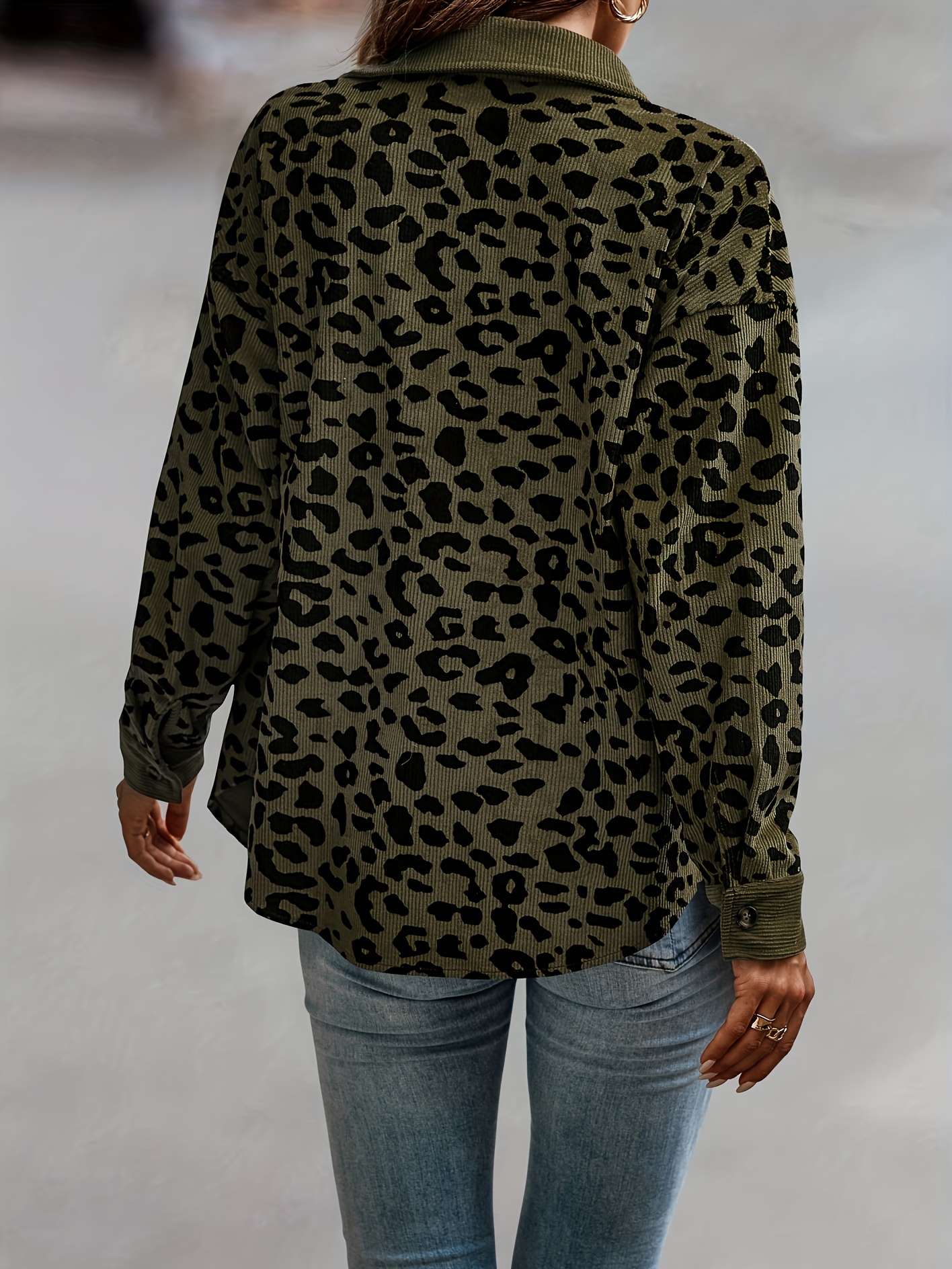 leopard print shacket jacket casual button front turn down collar long sleeve outerwear womens clothing details 28