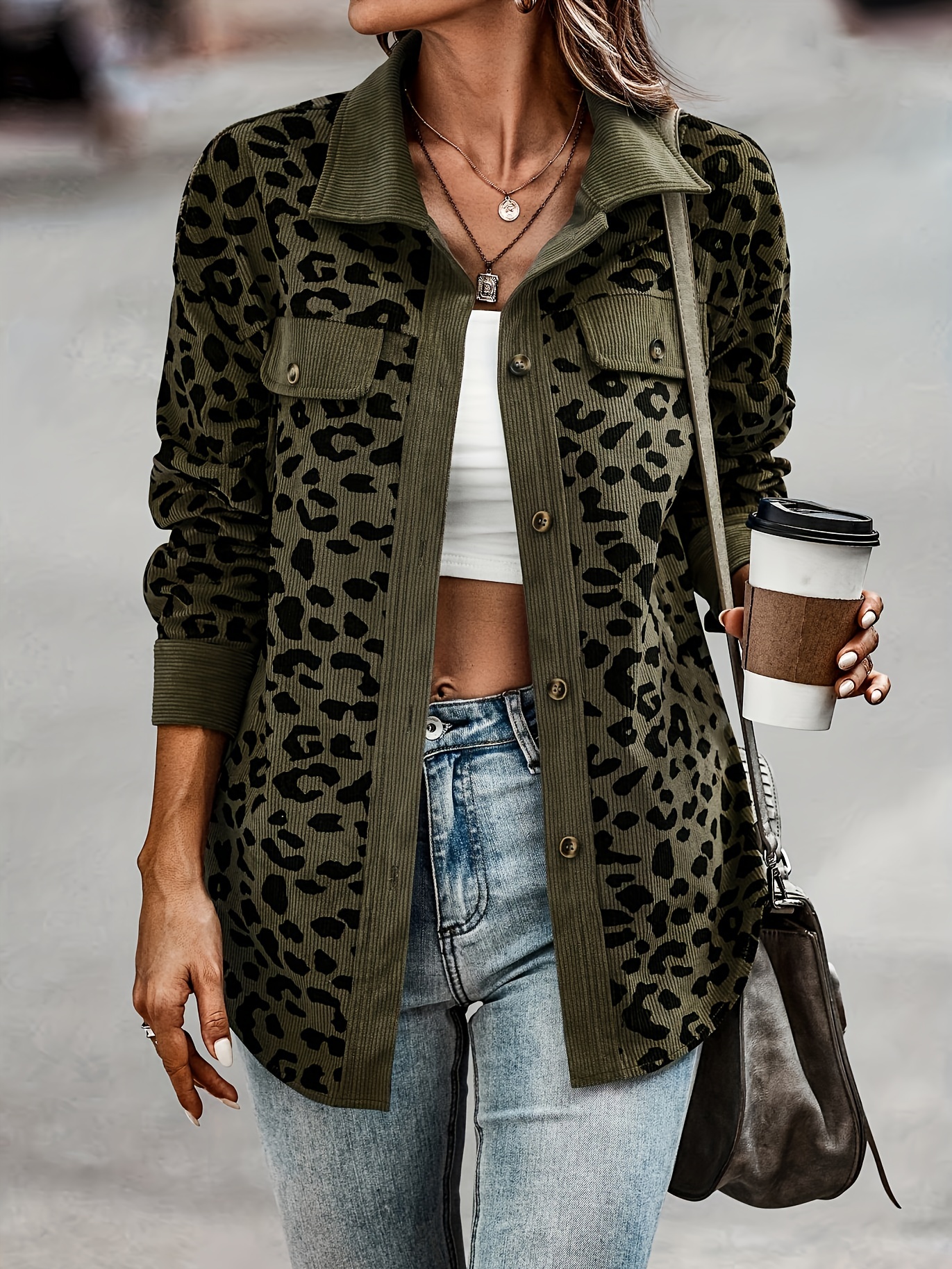 leopard print shacket jacket casual button front turn down collar long sleeve outerwear womens clothing details 29