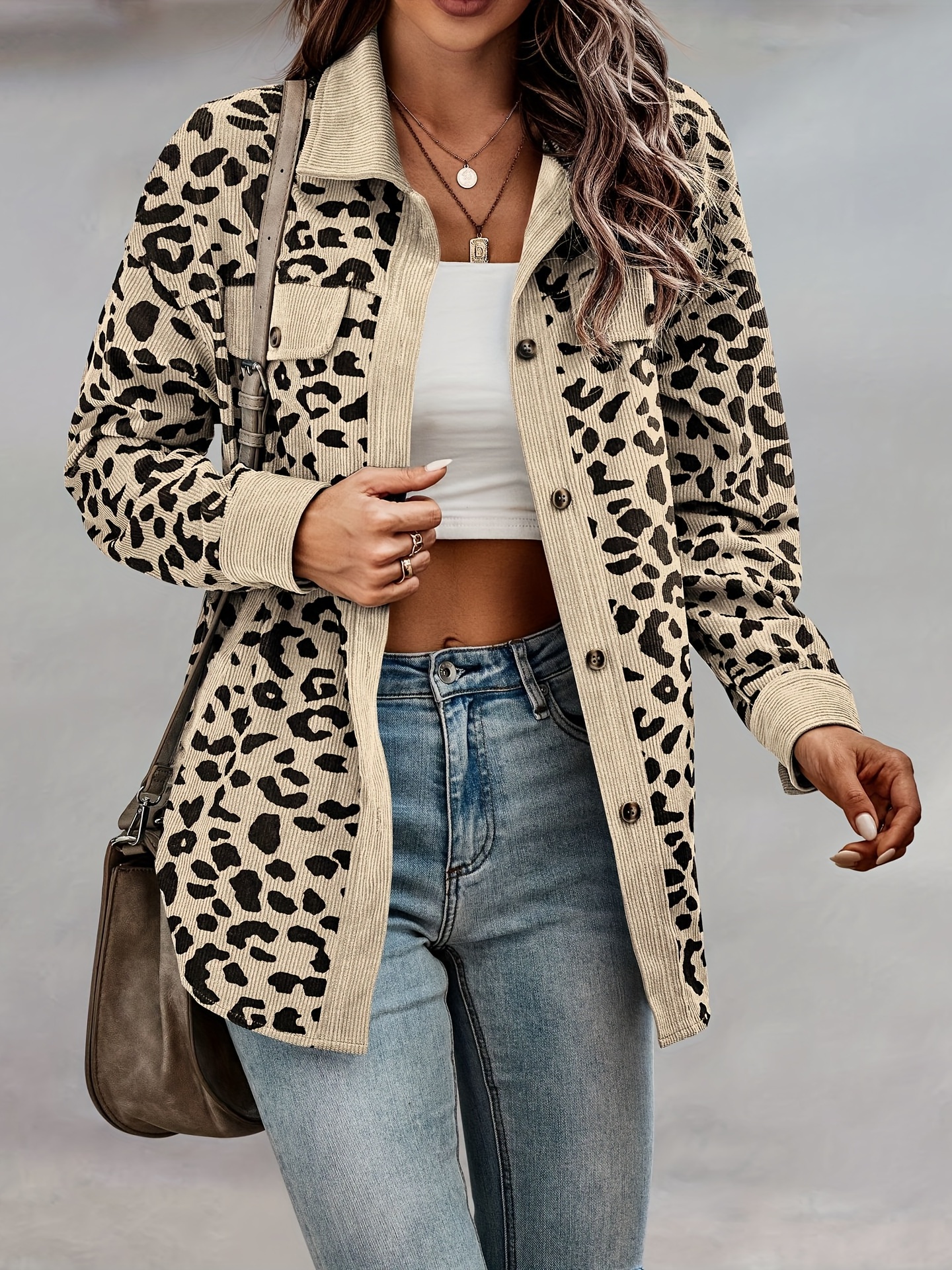 leopard print shacket jacket casual button front turn down collar long sleeve outerwear womens clothing details 31