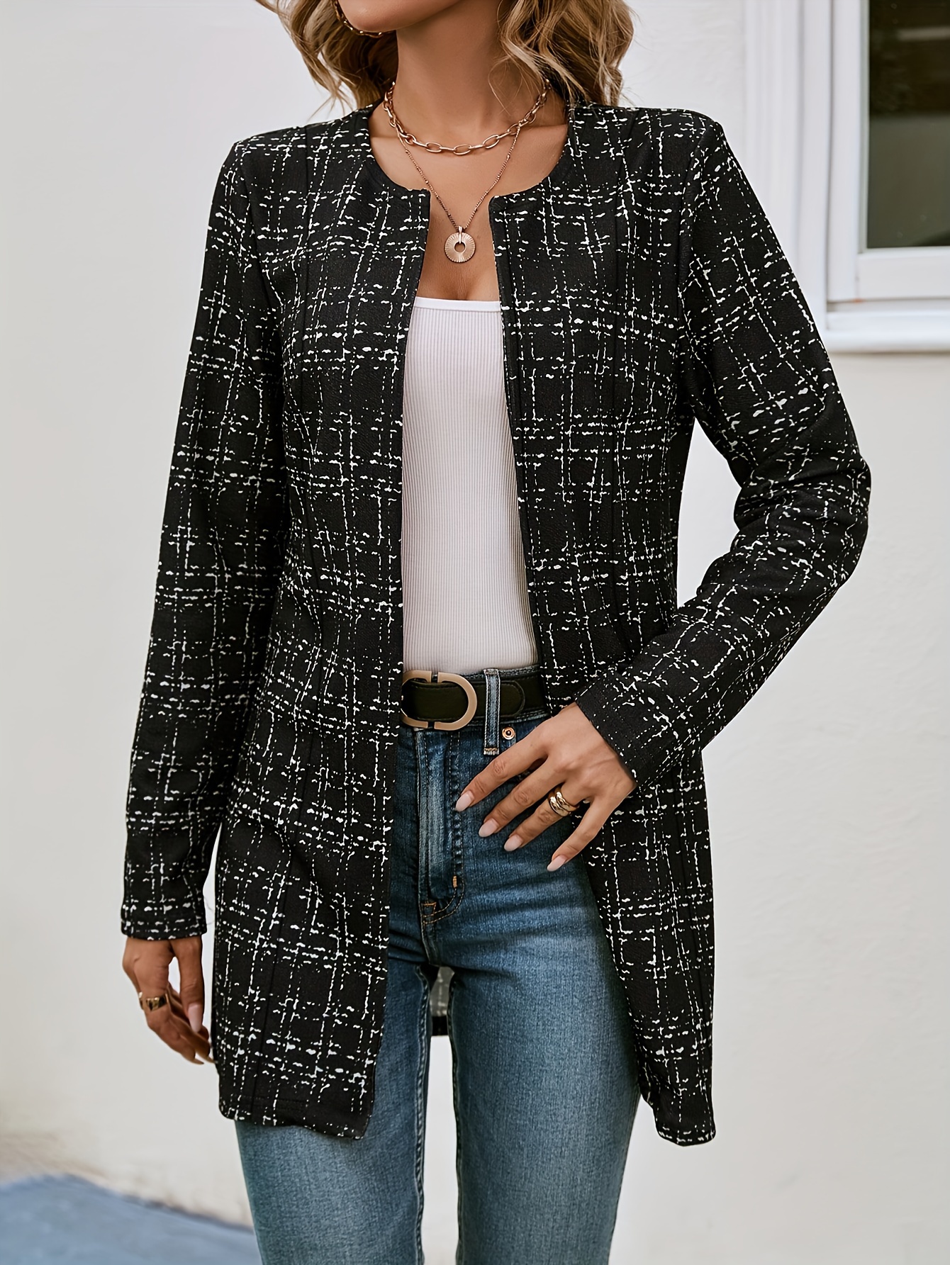 plaid pattern open front jacket versatile long sleeve outwear for spring fall womens clothing details 0