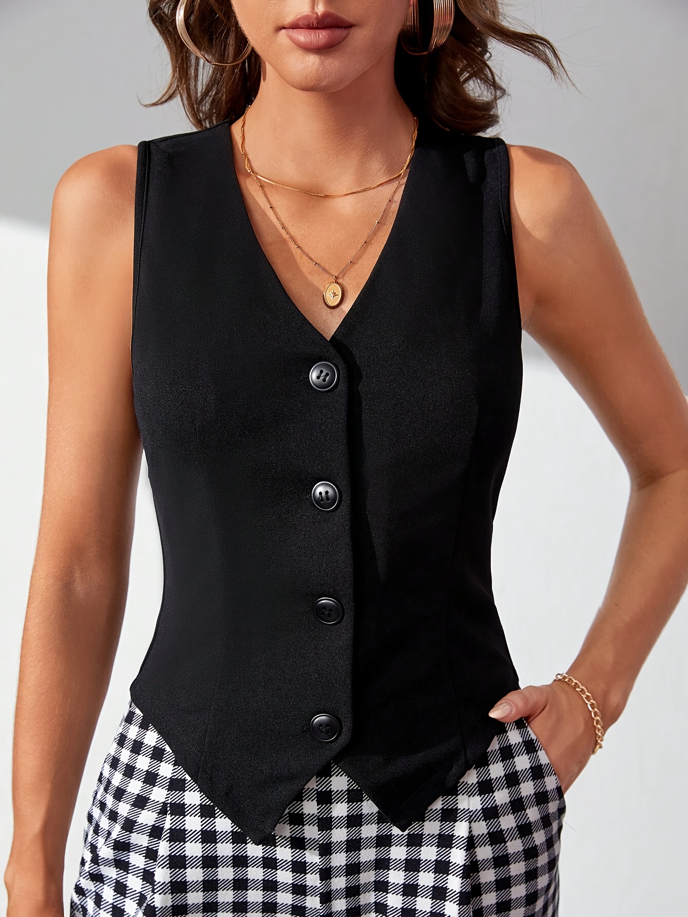 button front sleeveless vest elegant solid v neck slim vest womens clothing details 1