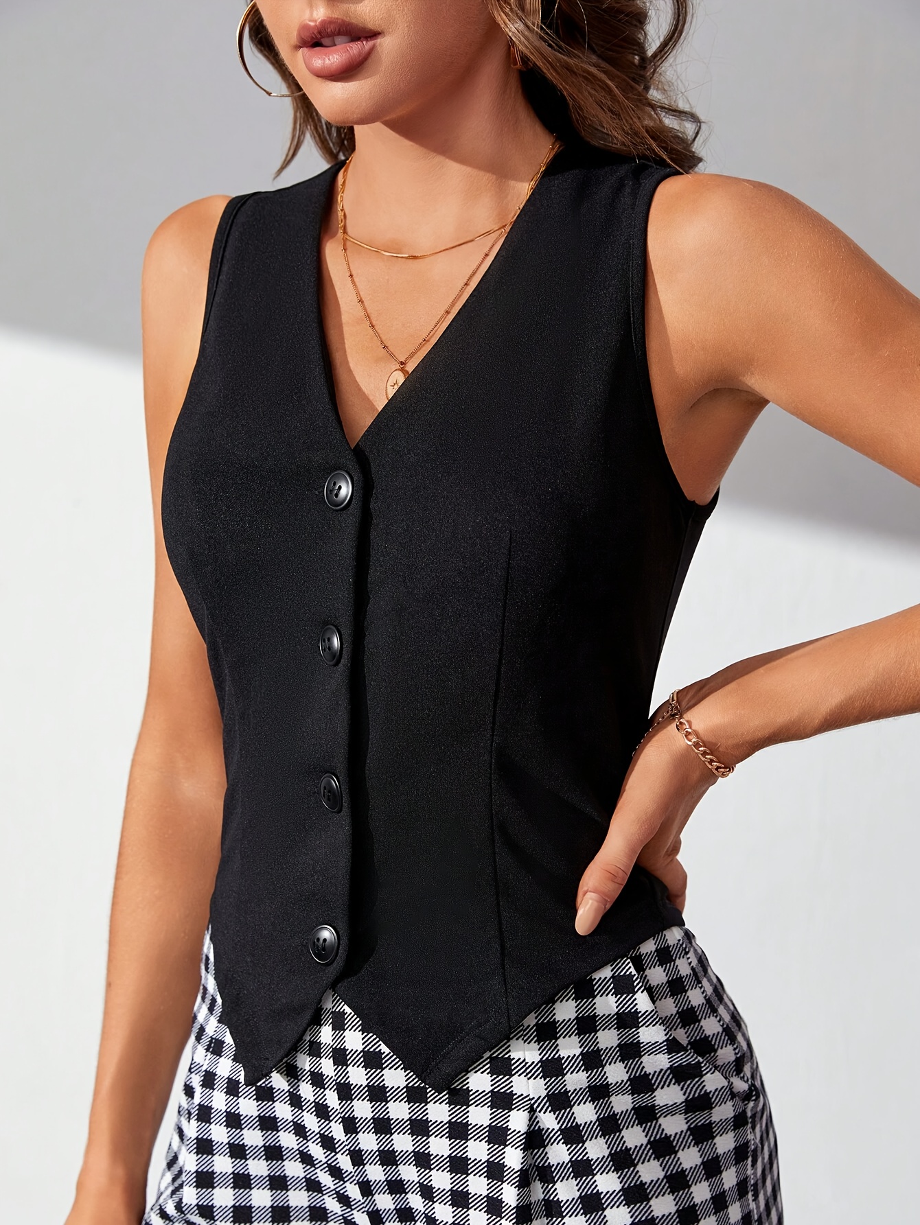 button front sleeveless vest elegant solid v neck slim vest womens clothing details 4