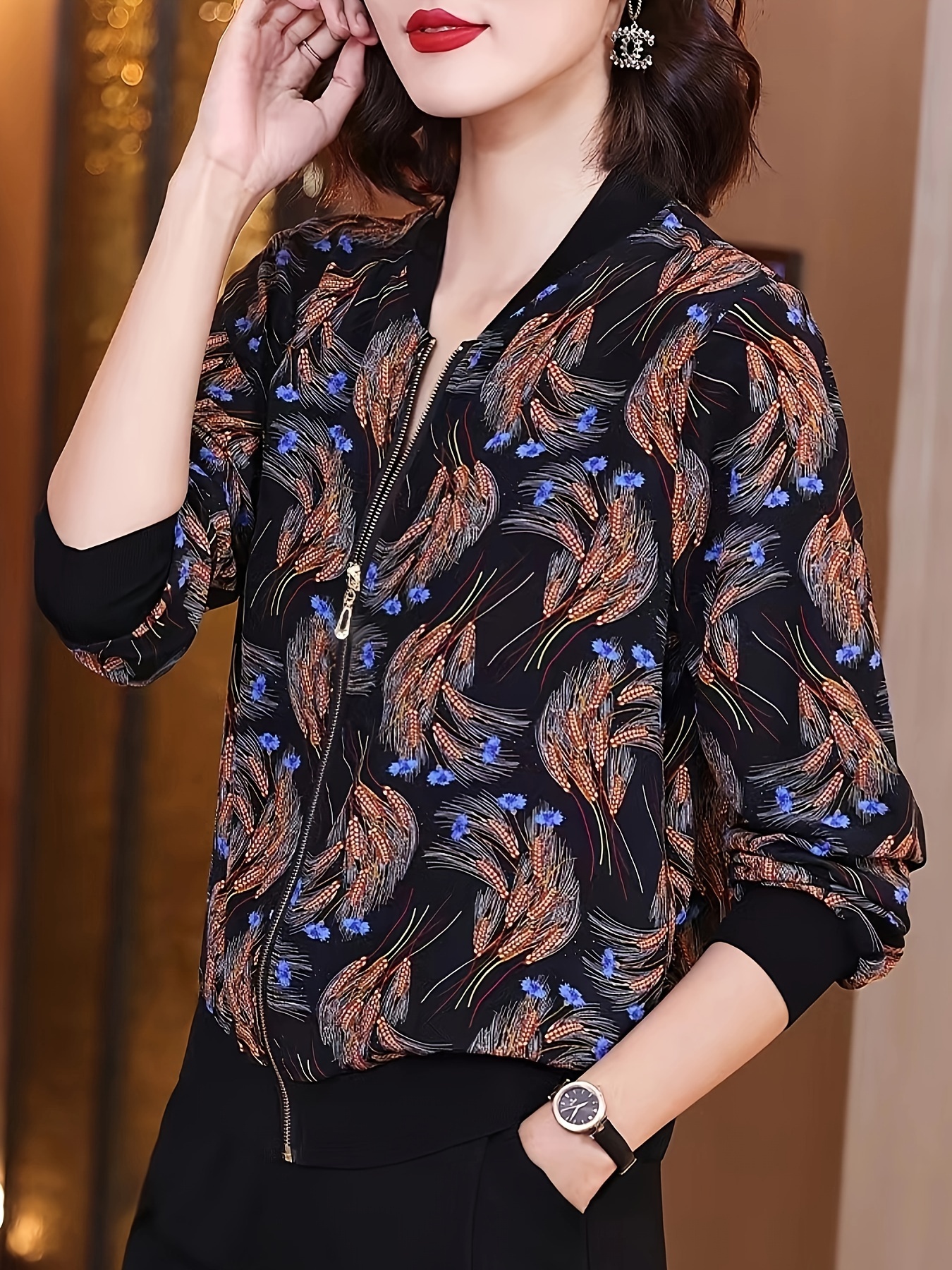 floral print baseball neck lightweight jacket casual long sleeve zip up outerwear for spring summer womens clothing details 0