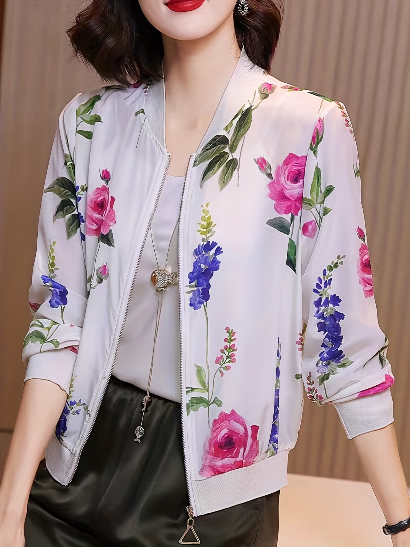 floral print baseball neck lightweight jacket casual long sleeve zip up outerwear for spring summer womens clothing details 6