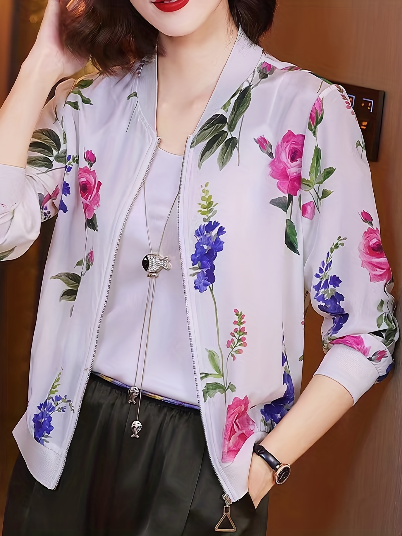 floral print baseball neck lightweight jacket casual long sleeve zip up outerwear for spring summer womens clothing details 8