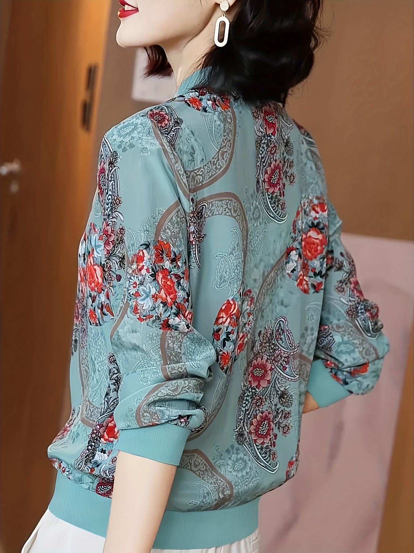 floral print baseball neck lightweight jacket casual long sleeve zip up outerwear for spring summer womens clothing details 10