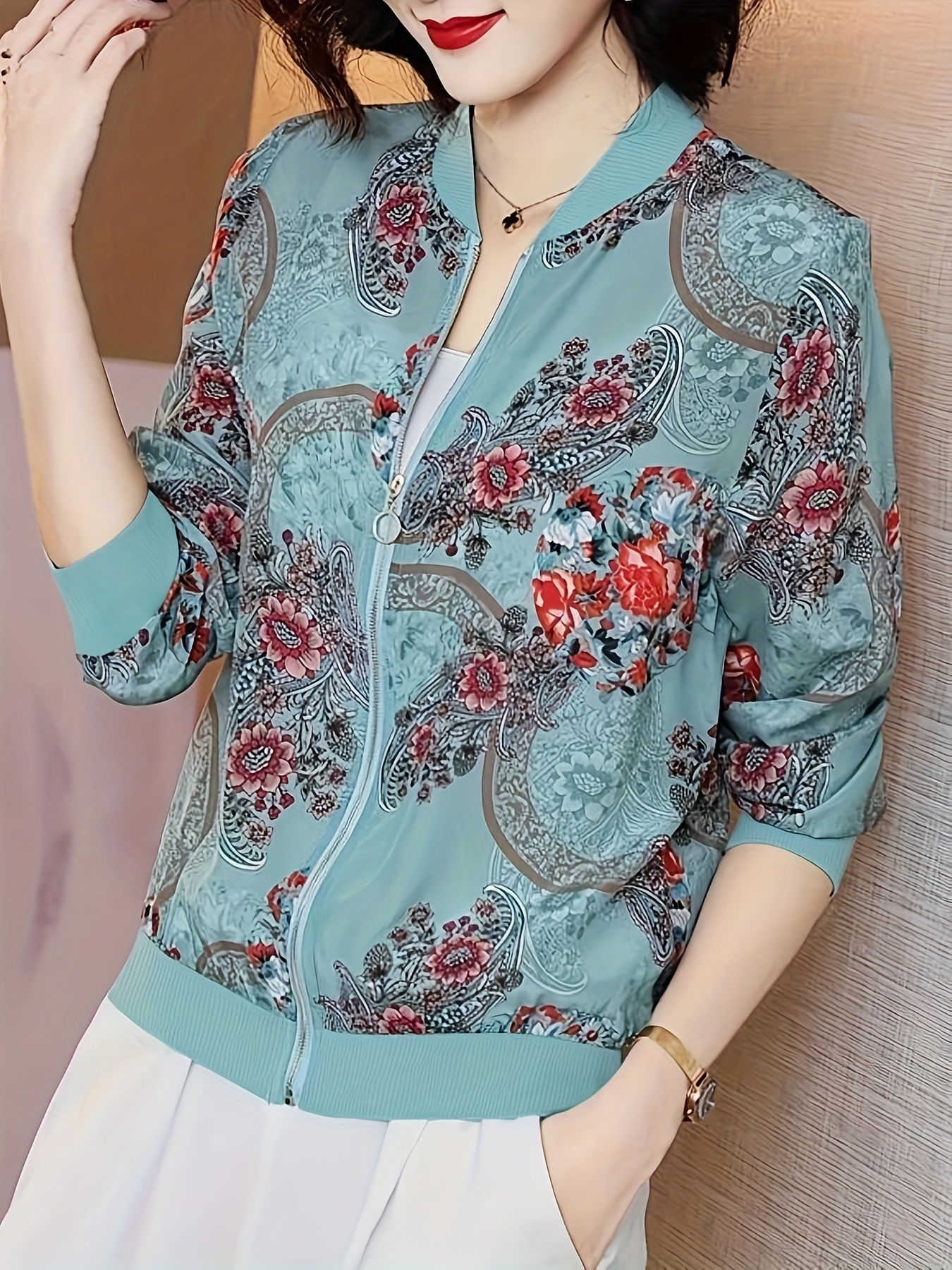 floral print baseball neck lightweight jacket casual long sleeve zip up outerwear for spring summer womens clothing details 11