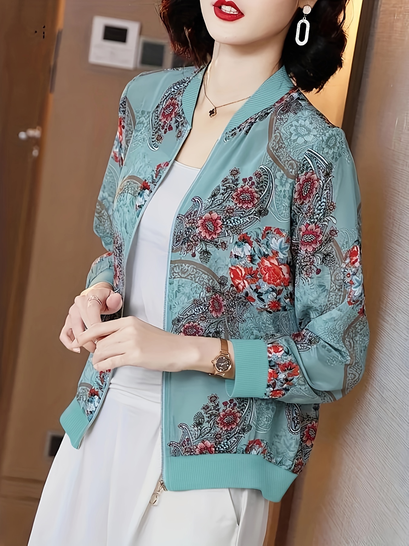 floral print baseball neck lightweight jacket casual long sleeve zip up outerwear for spring summer womens clothing details 13