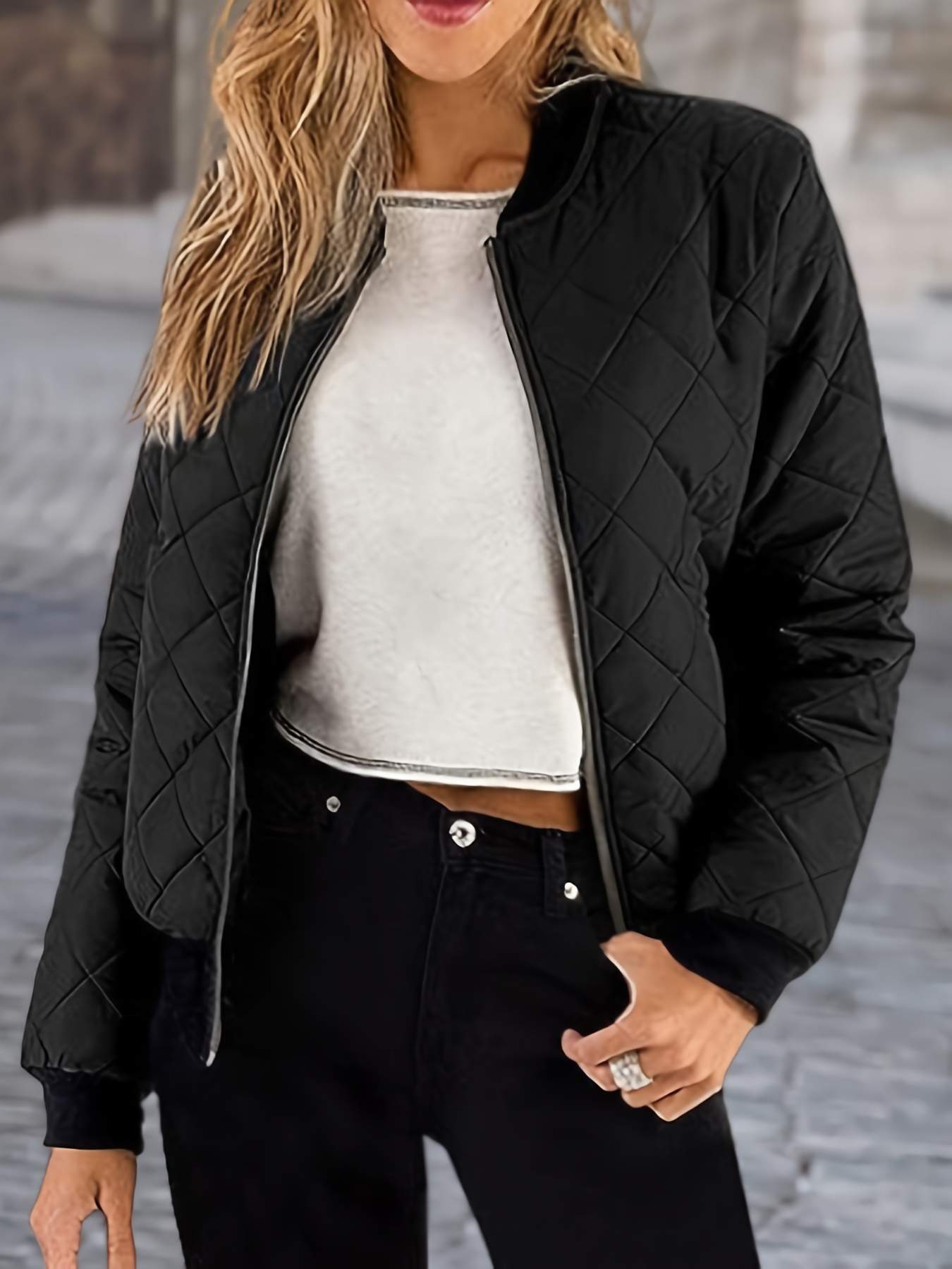 solid zip up bomber jacket casual long sleeve daily outerwear womens clothing details 0