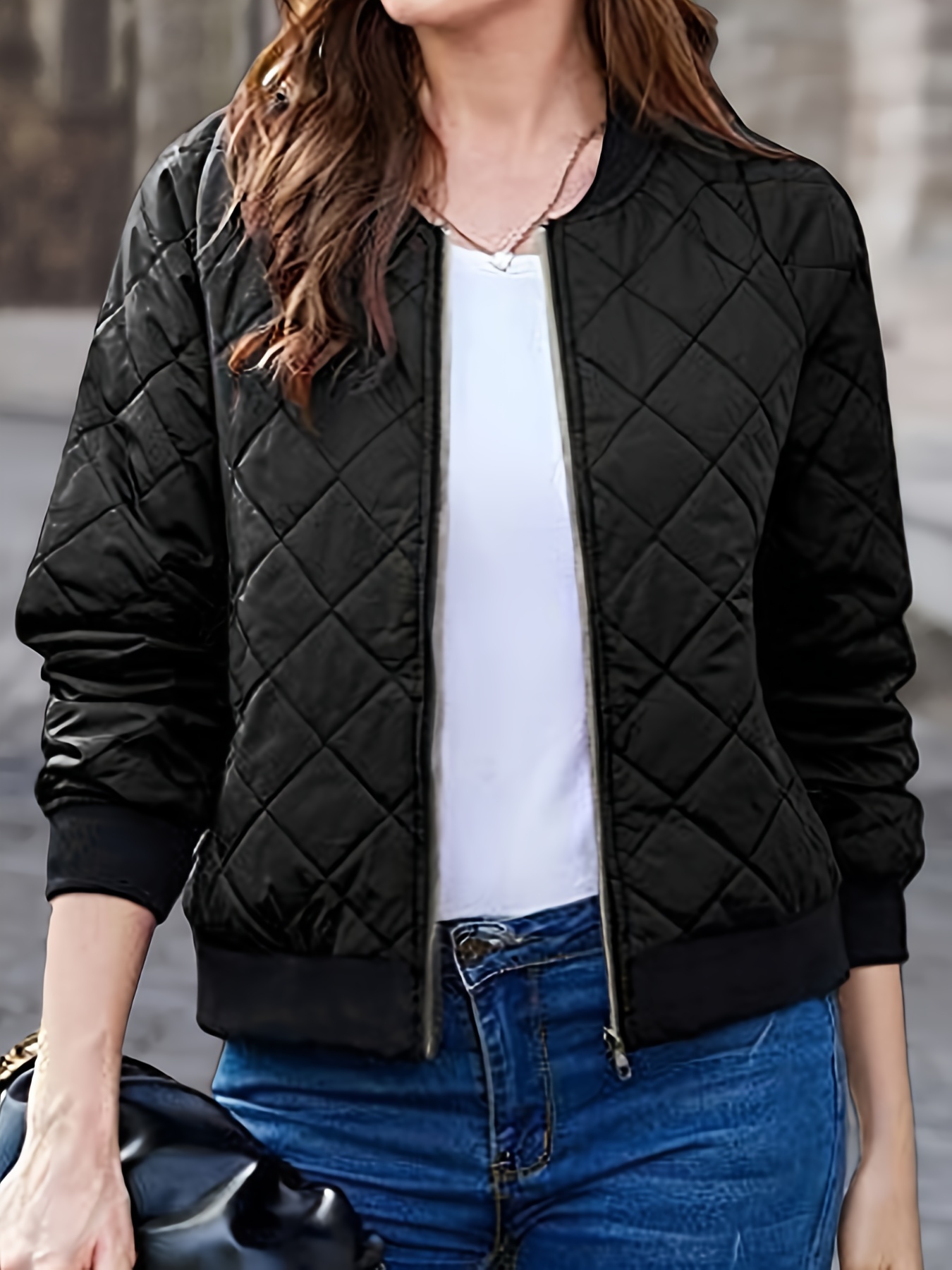 solid zip up bomber jacket casual long sleeve daily outerwear womens clothing details 1