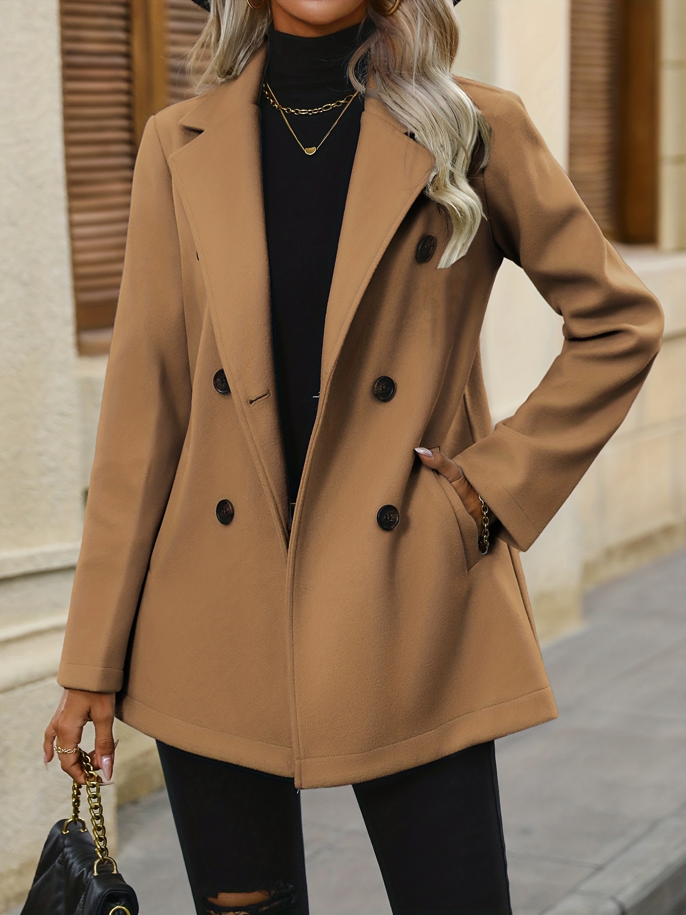 double breasted lapel bean coat elegant long sleeve outerwear with pockets womens clothing details 1