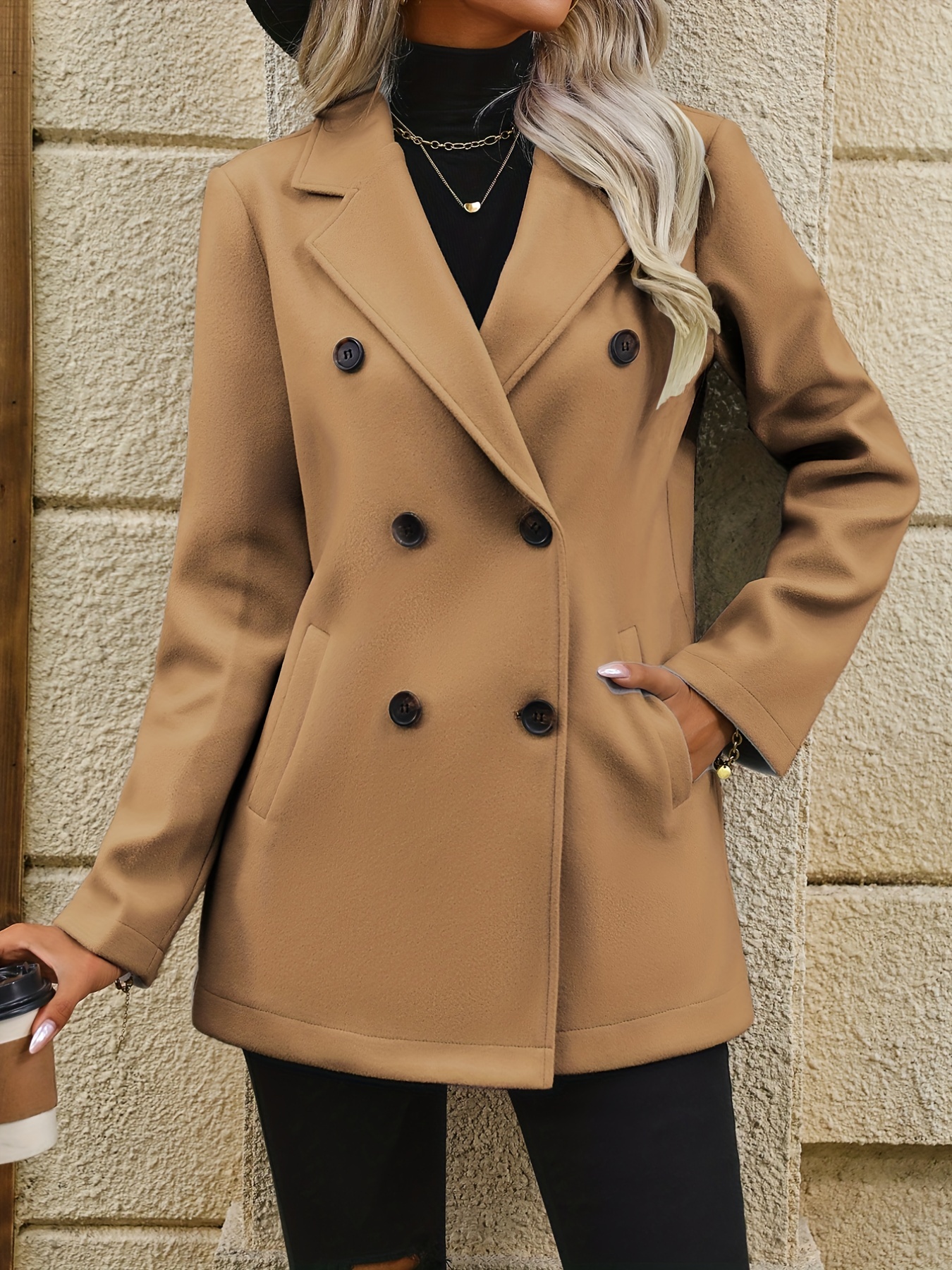 double breasted lapel bean coat elegant long sleeve outerwear with pockets womens clothing details 2