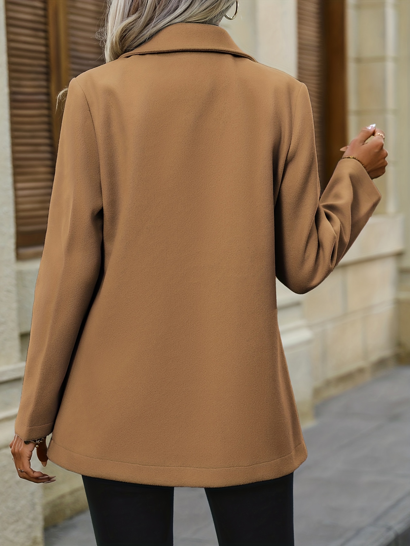 double breasted lapel bean coat elegant long sleeve outerwear with pockets womens clothing details 3