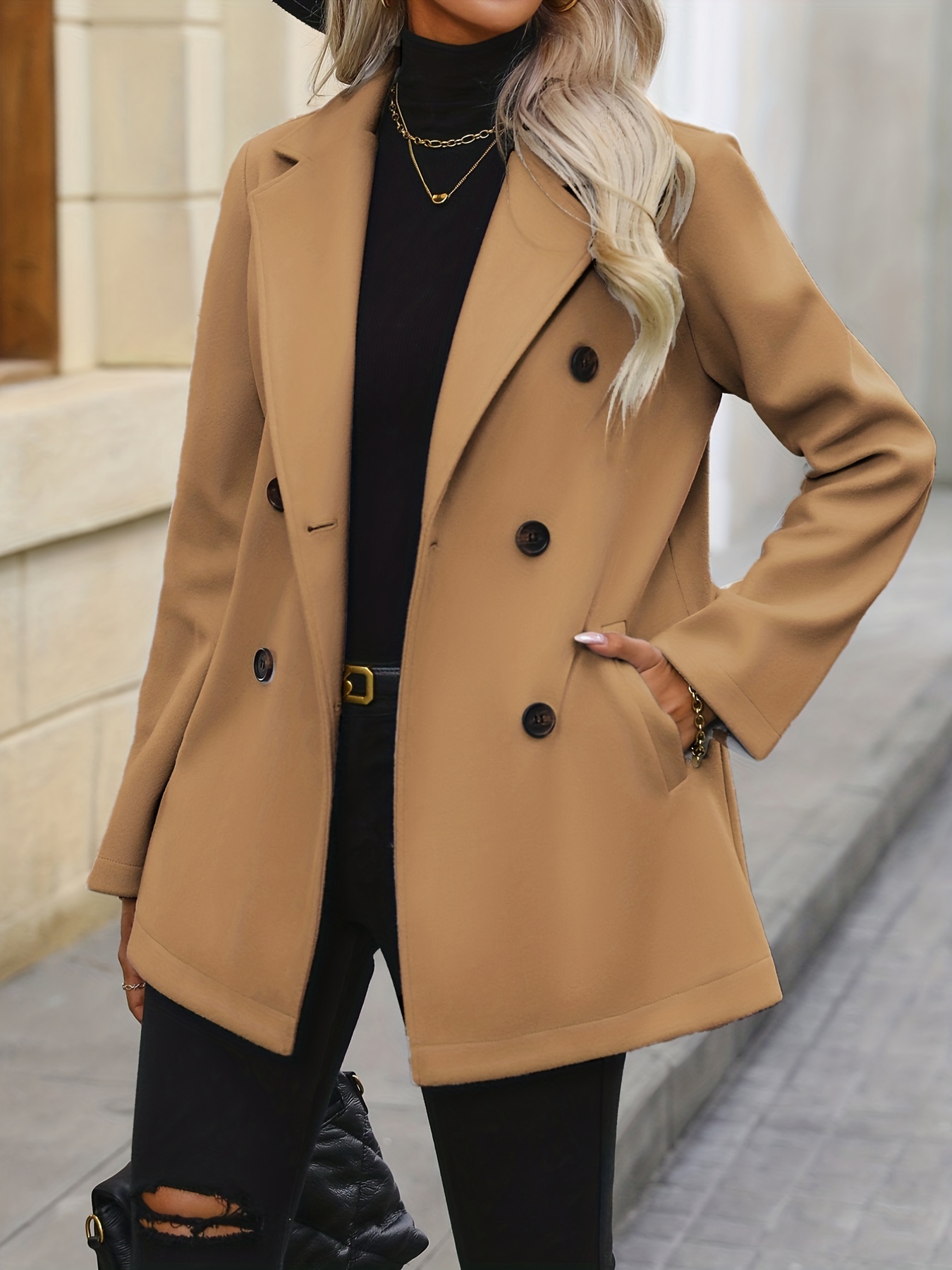 double breasted lapel bean coat elegant long sleeve outerwear with pockets womens clothing details 4