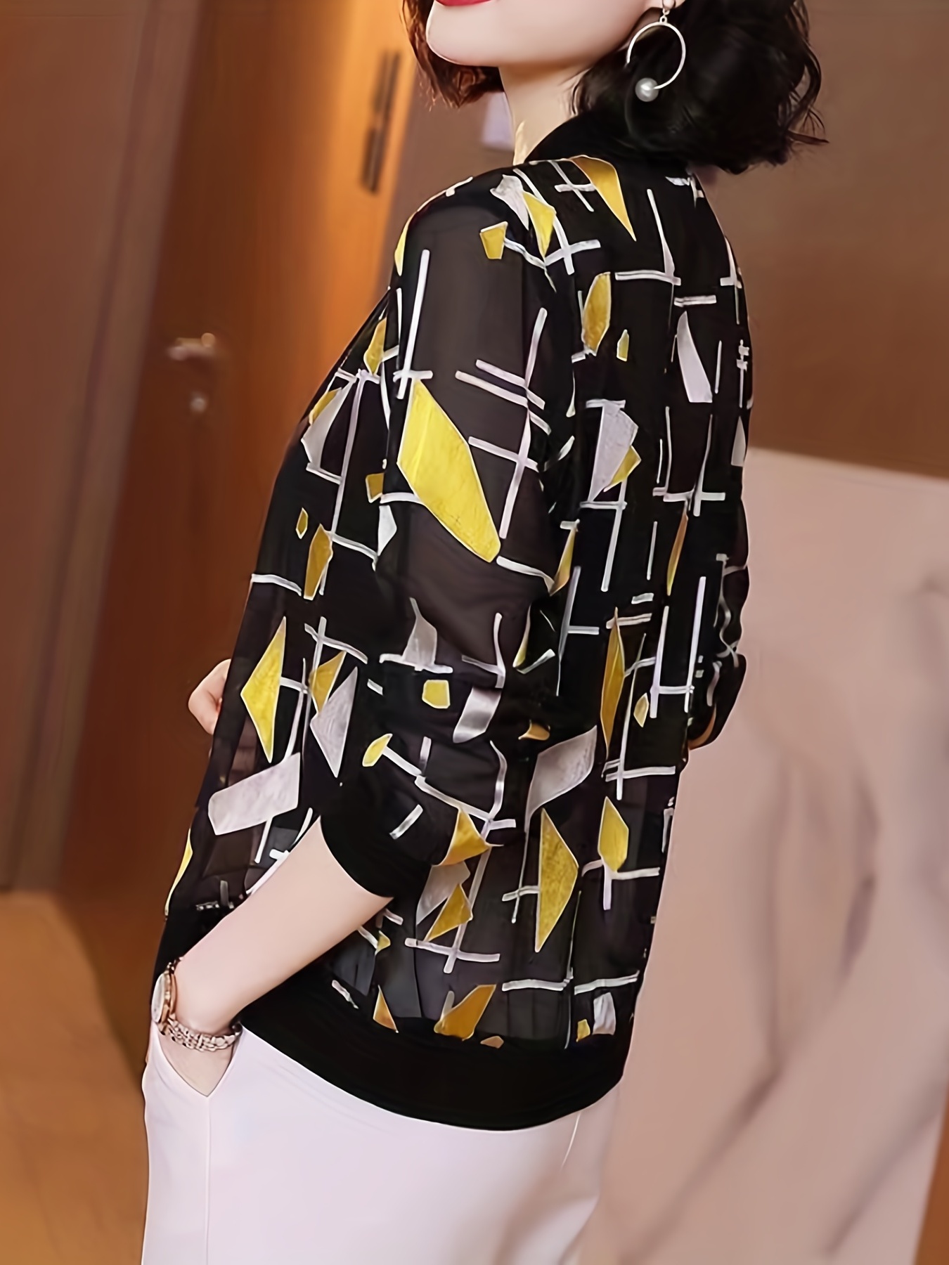 geo print bomber jacket casual zip up long sleeve outerwear womens clothing details 0