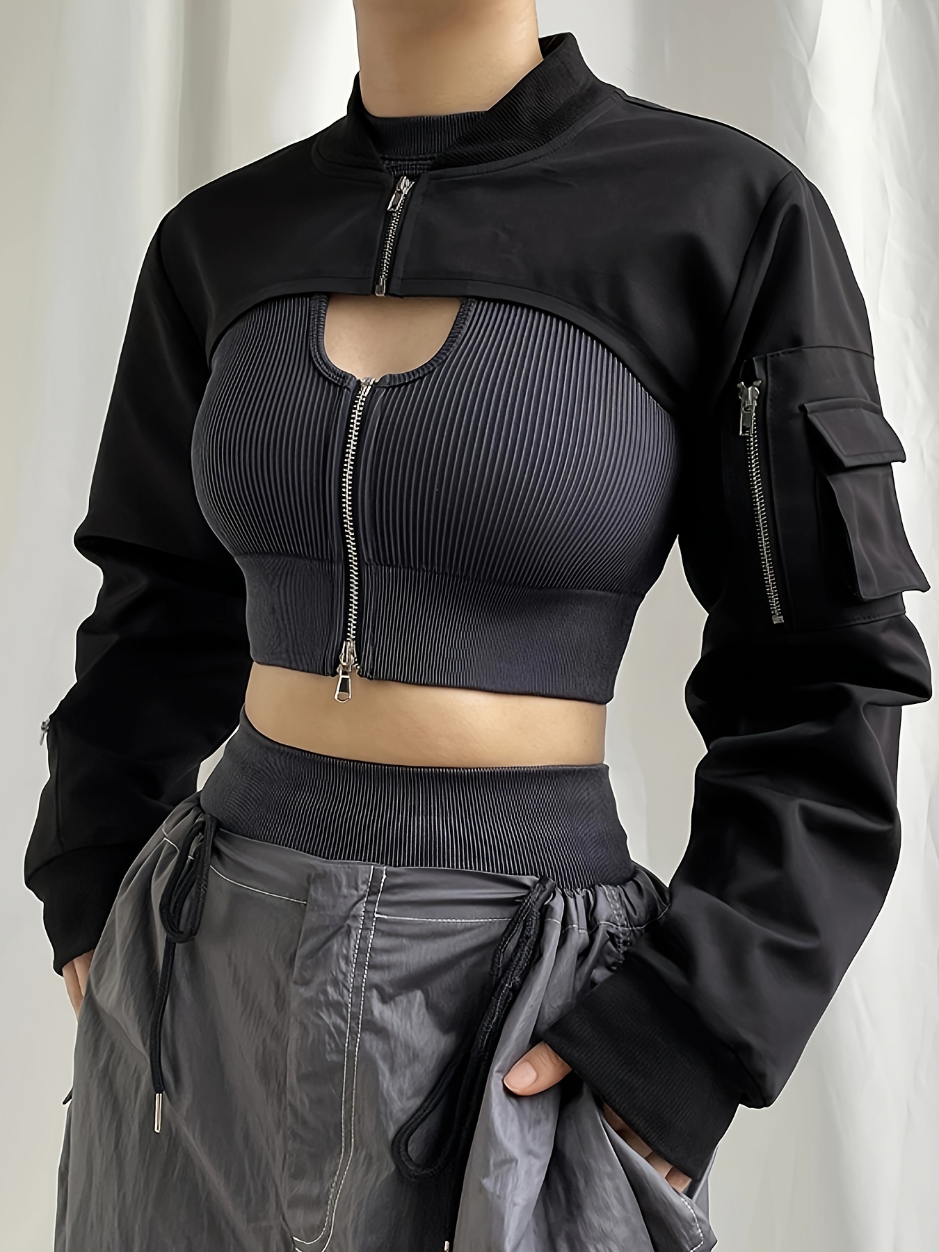 solid flap pockets crop jacket versatile long sleeve zipper cropped bomber jacket womens clothing details 3