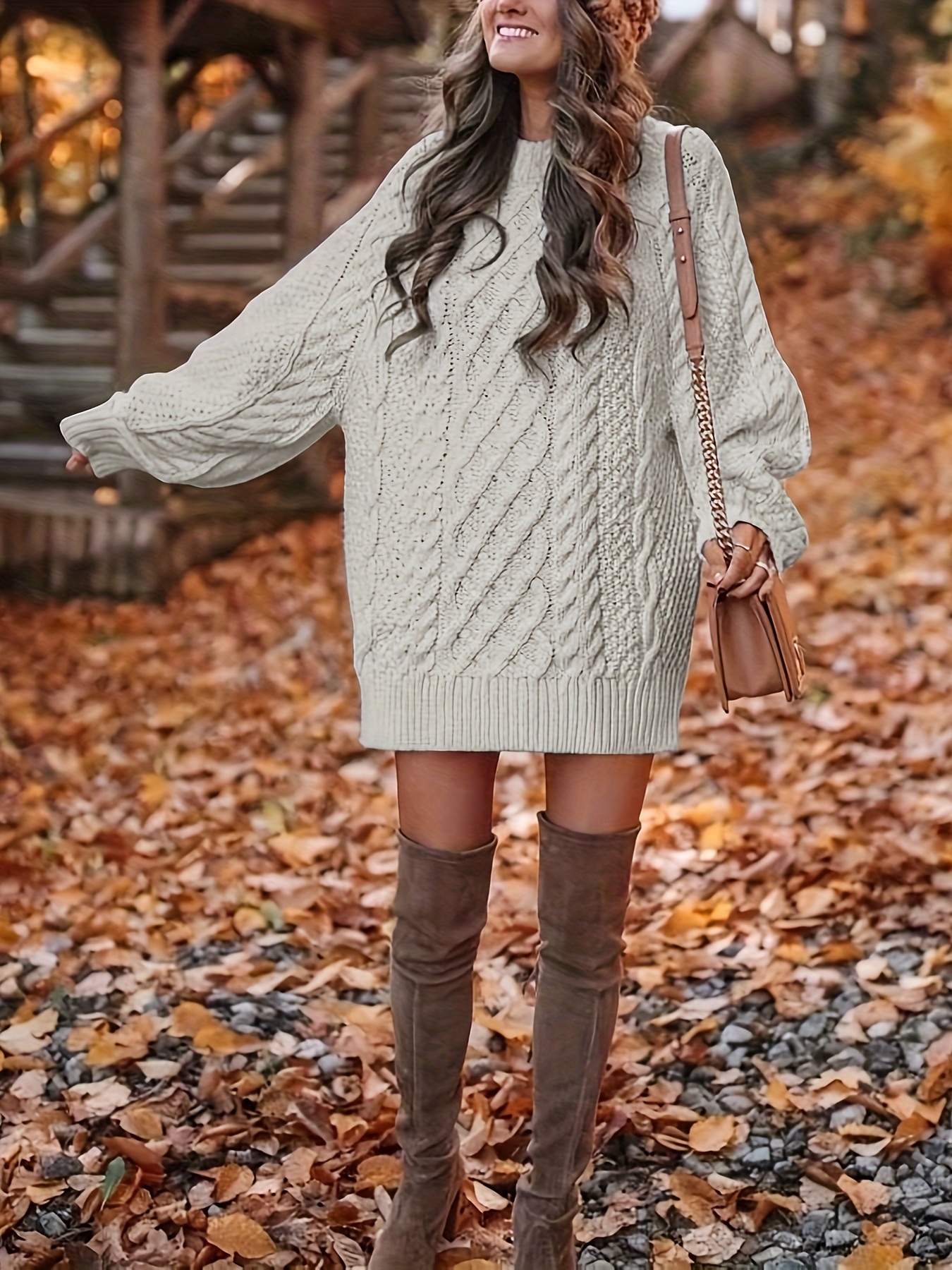 cable knit sweater dress, cable knit sweater dress casual solid long sleeve dress womens clothing details 13