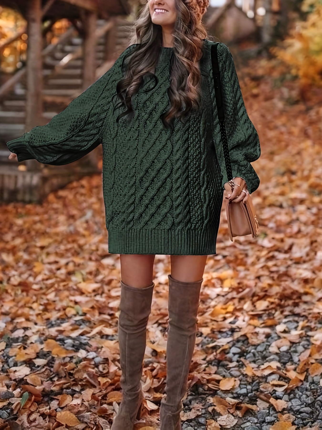 cable knit sweater dress, cable knit sweater dress casual solid long sleeve dress womens clothing details 33