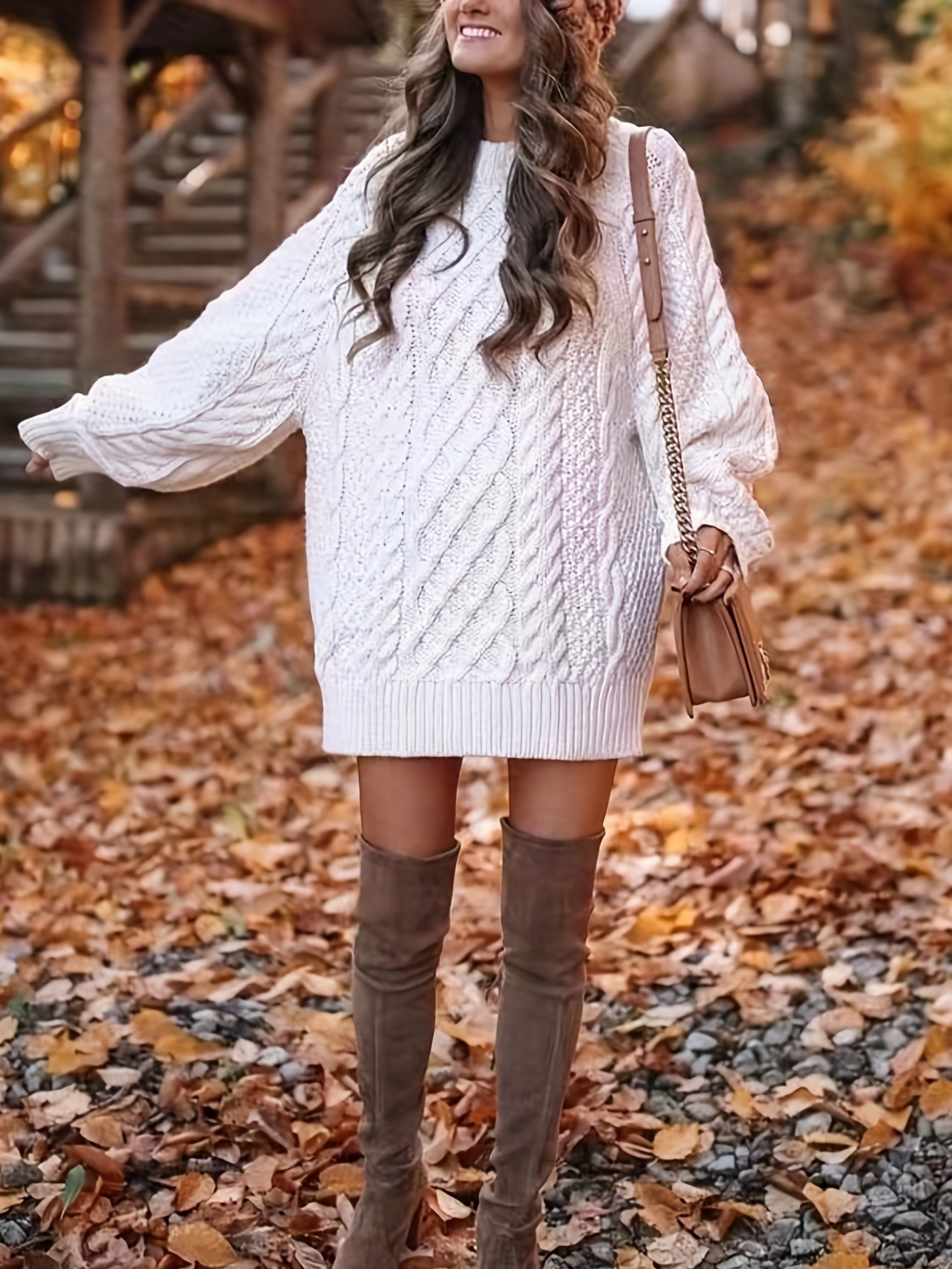 cable knit sweater dress, cable knit sweater dress casual solid long sleeve dress womens clothing details 38