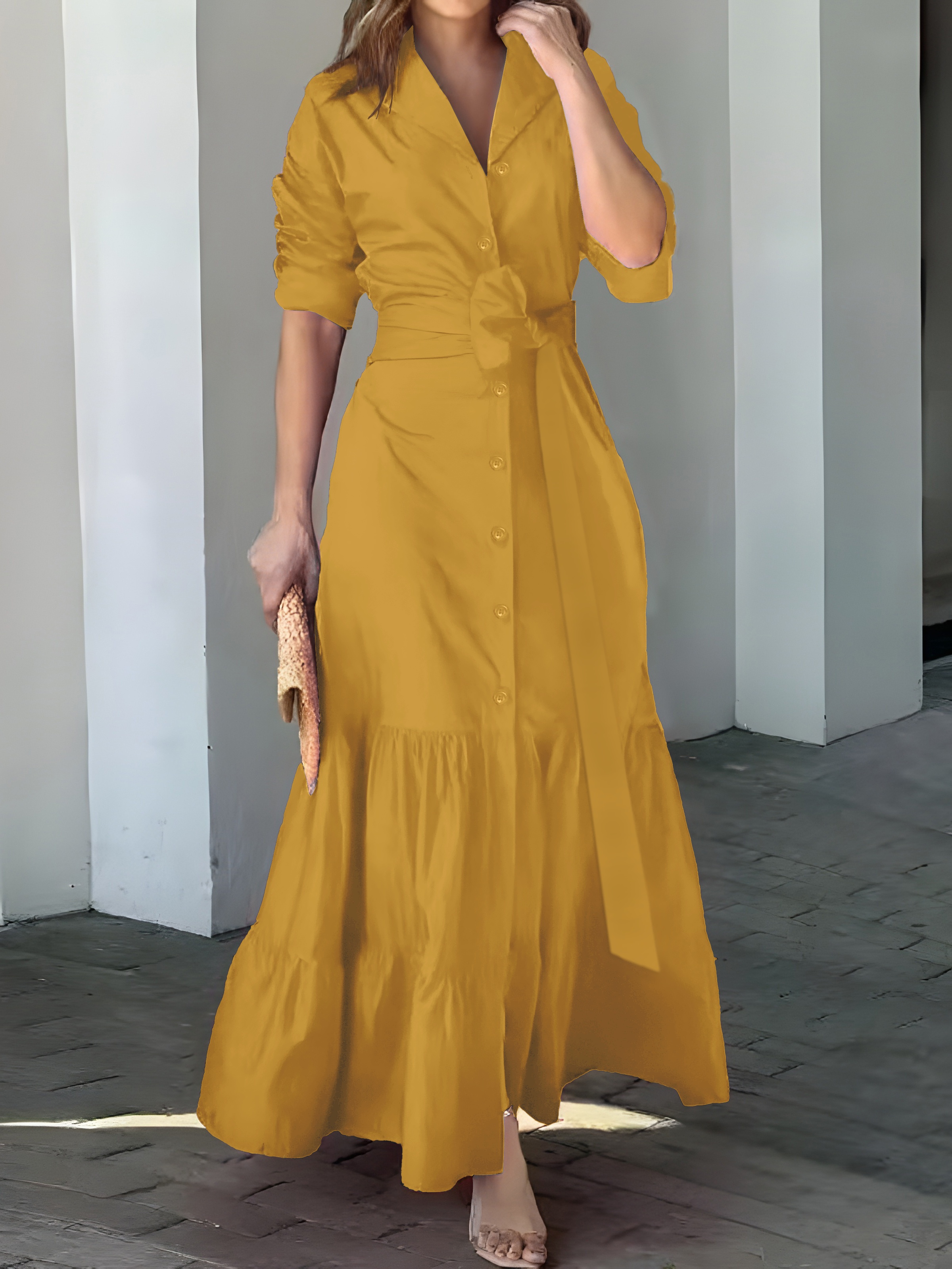 solid button front belted dress, solid button front belted dress elegant ruched sleeve ruffle trim maxi dress womens clothing details 3