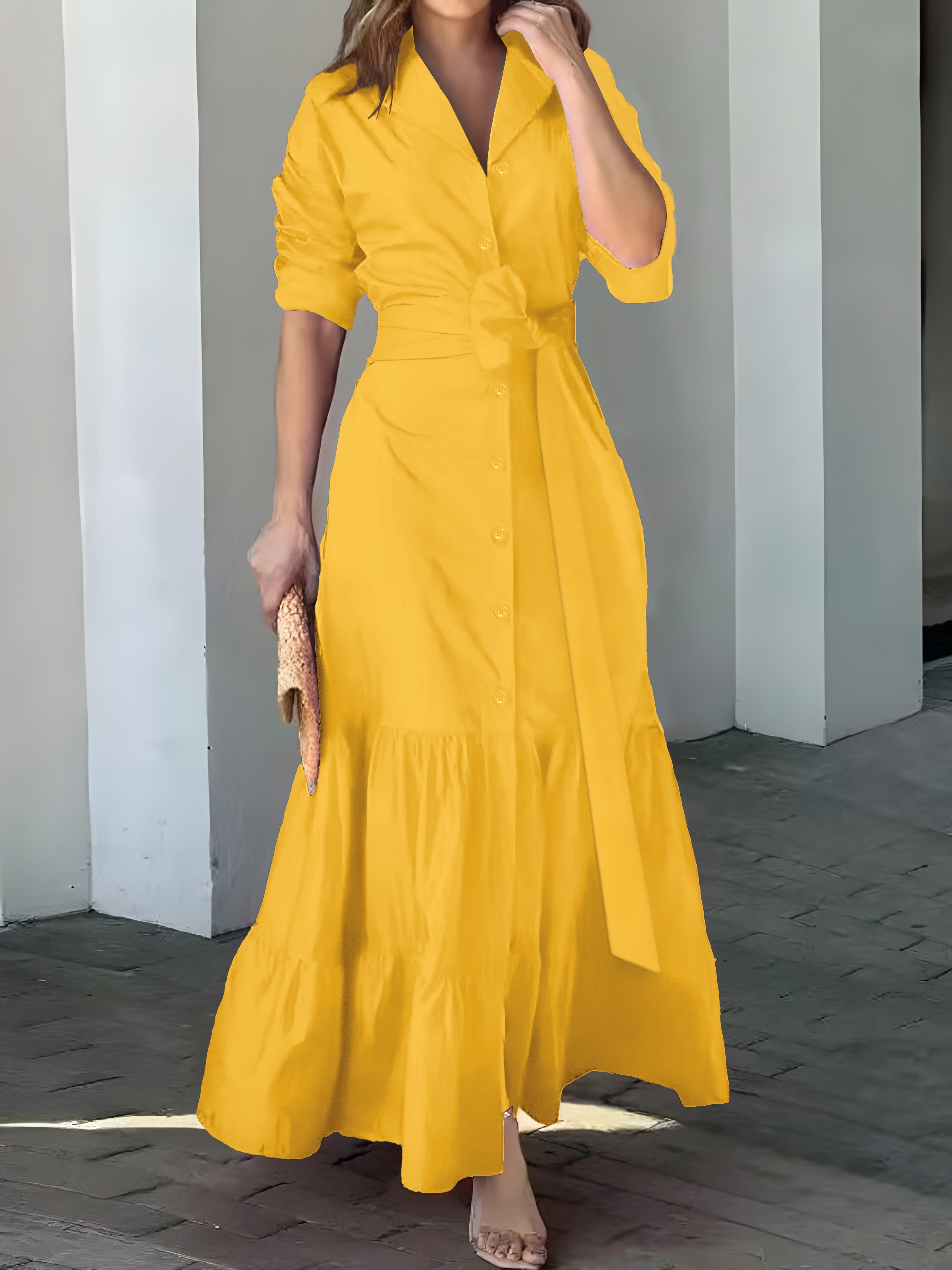 solid button front belted dress, solid button front belted dress elegant ruched sleeve ruffle trim maxi dress womens clothing details 6