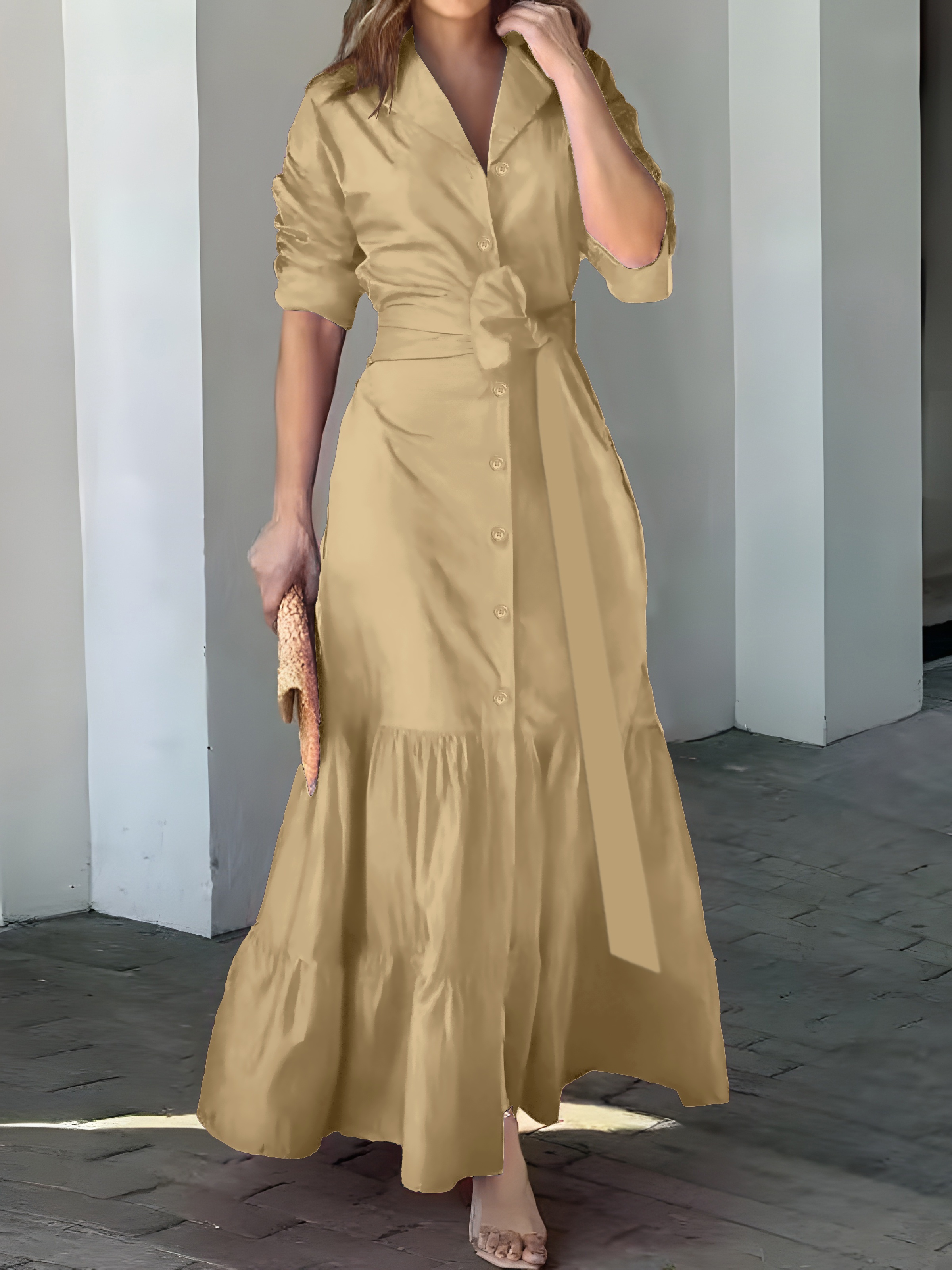 solid button front belted dress, solid button front belted dress elegant ruched sleeve ruffle trim maxi dress womens clothing details 9