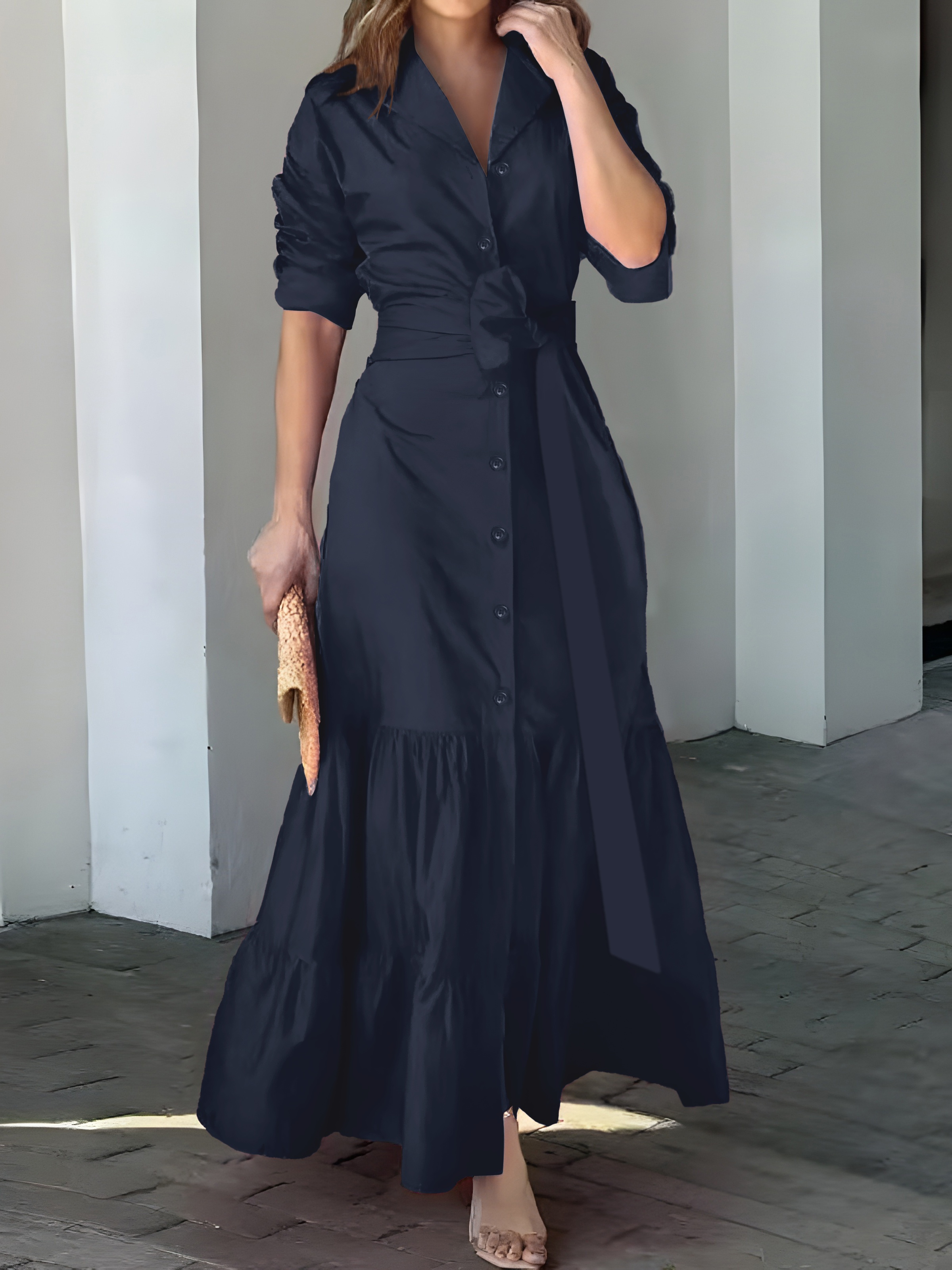 solid button front belted dress, solid button front belted dress elegant ruched sleeve ruffle trim maxi dress womens clothing details 12