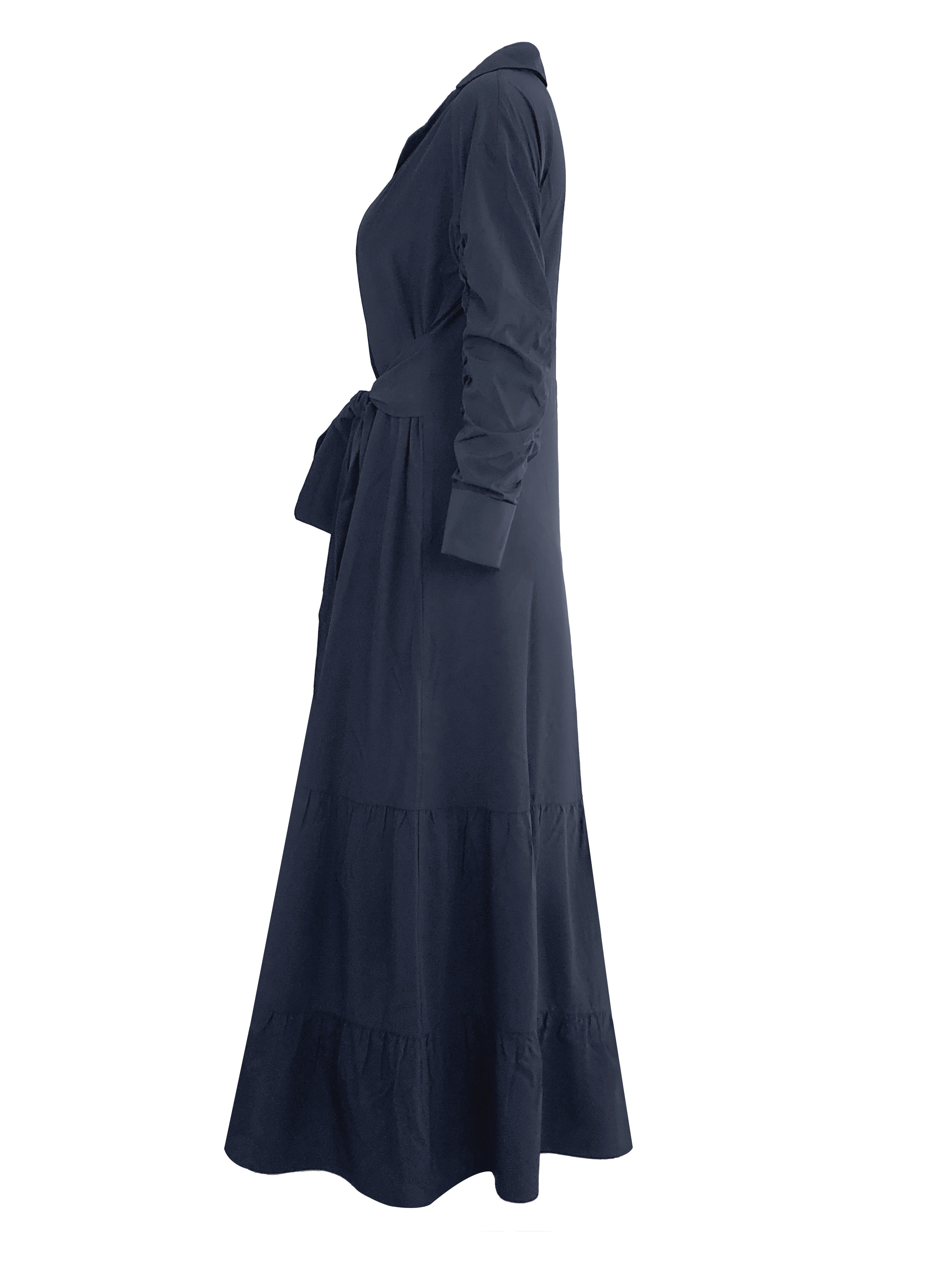 solid button front belted dress, solid button front belted dress elegant ruched sleeve ruffle trim maxi dress womens clothing details 14