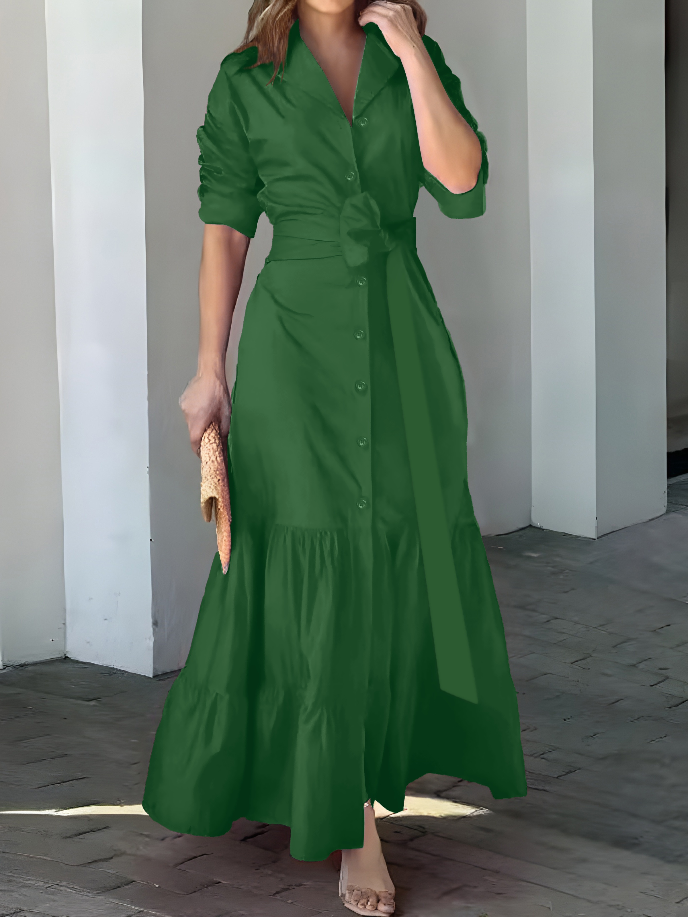 solid button front belted dress, solid button front belted dress elegant ruched sleeve ruffle trim maxi dress womens clothing details 15