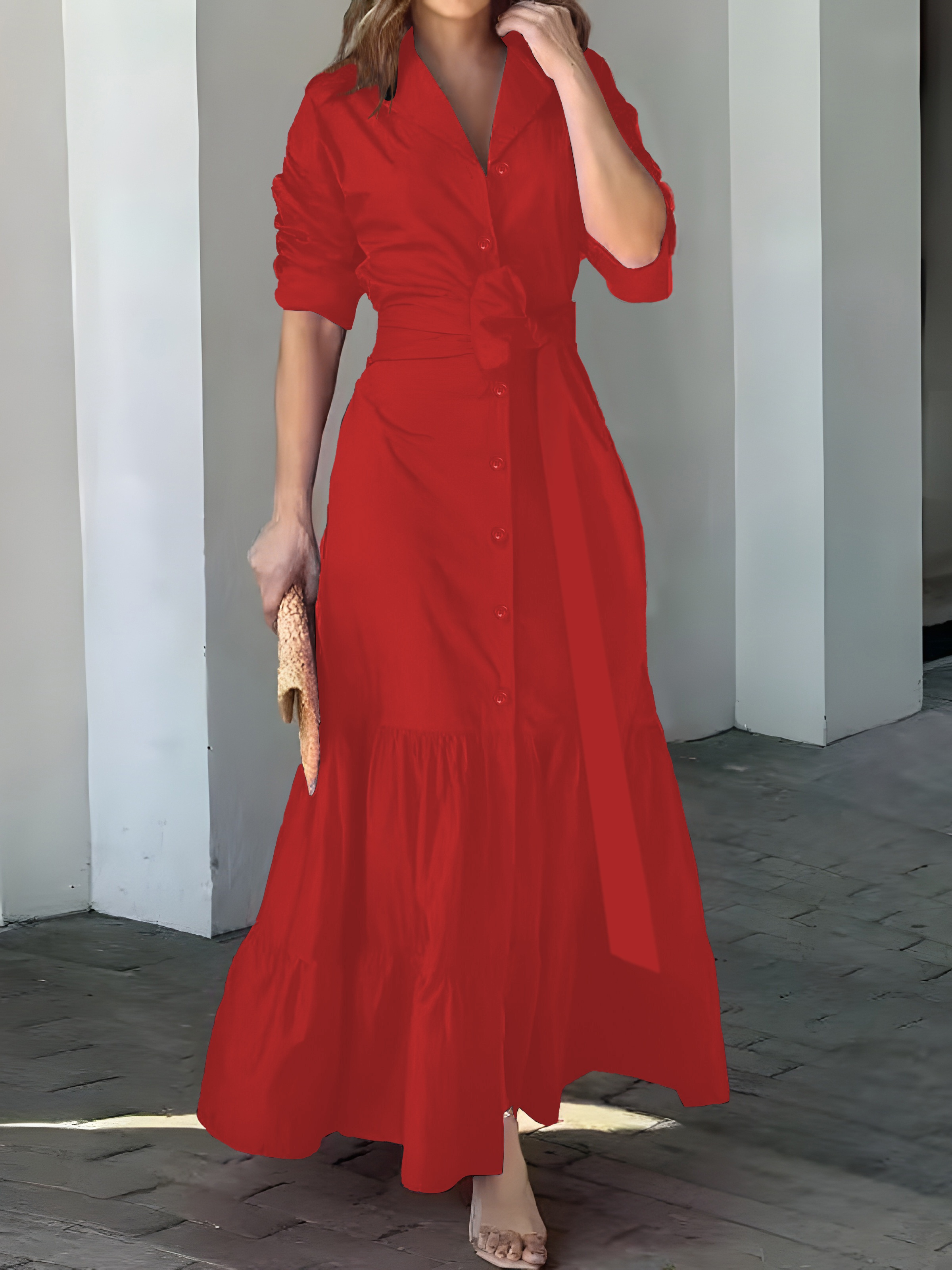 solid button front belted dress, solid button front belted dress elegant ruched sleeve ruffle trim maxi dress womens clothing details 18