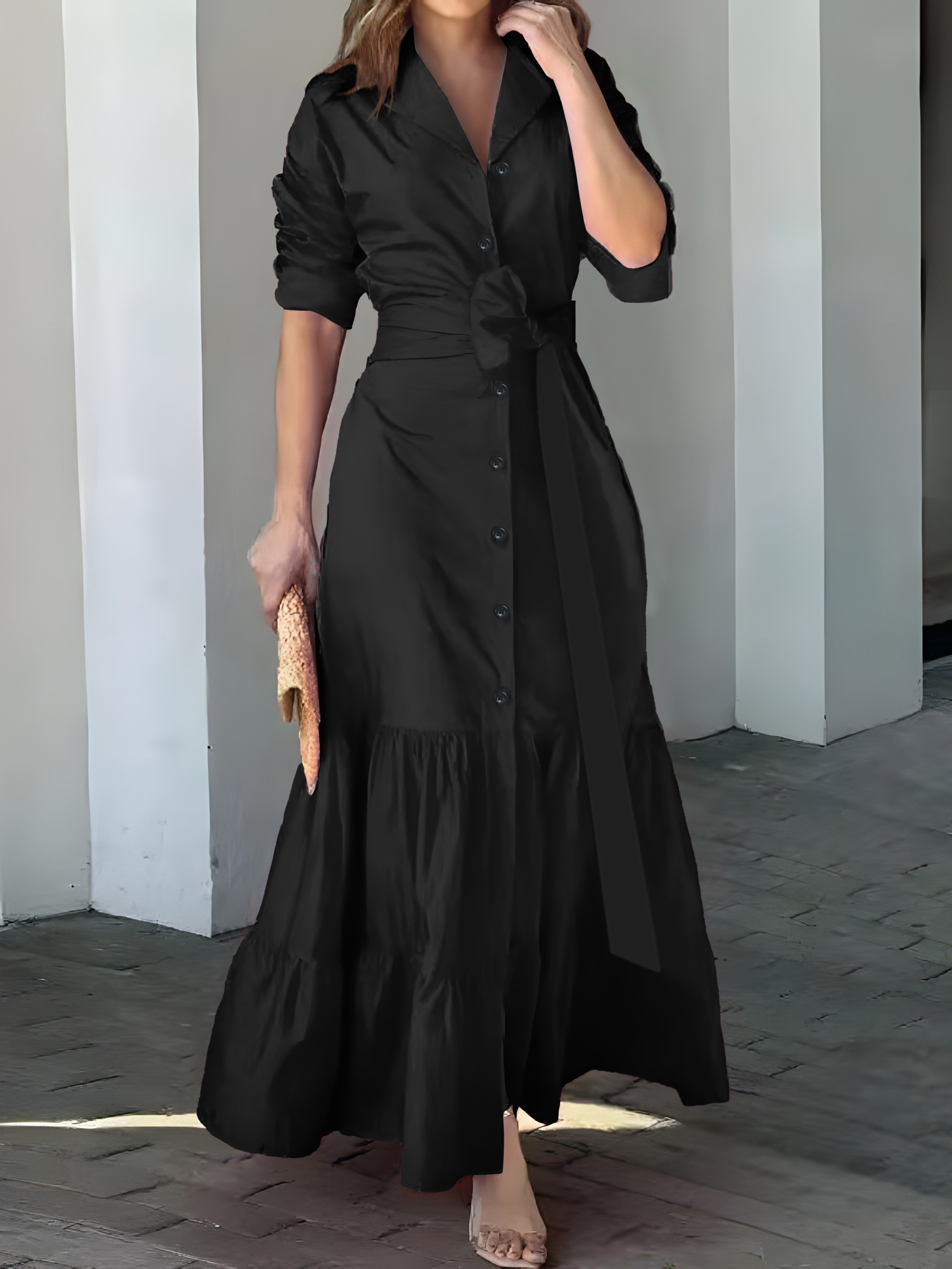 solid button front belted dress, solid button front belted dress elegant ruched sleeve ruffle trim maxi dress womens clothing details 22