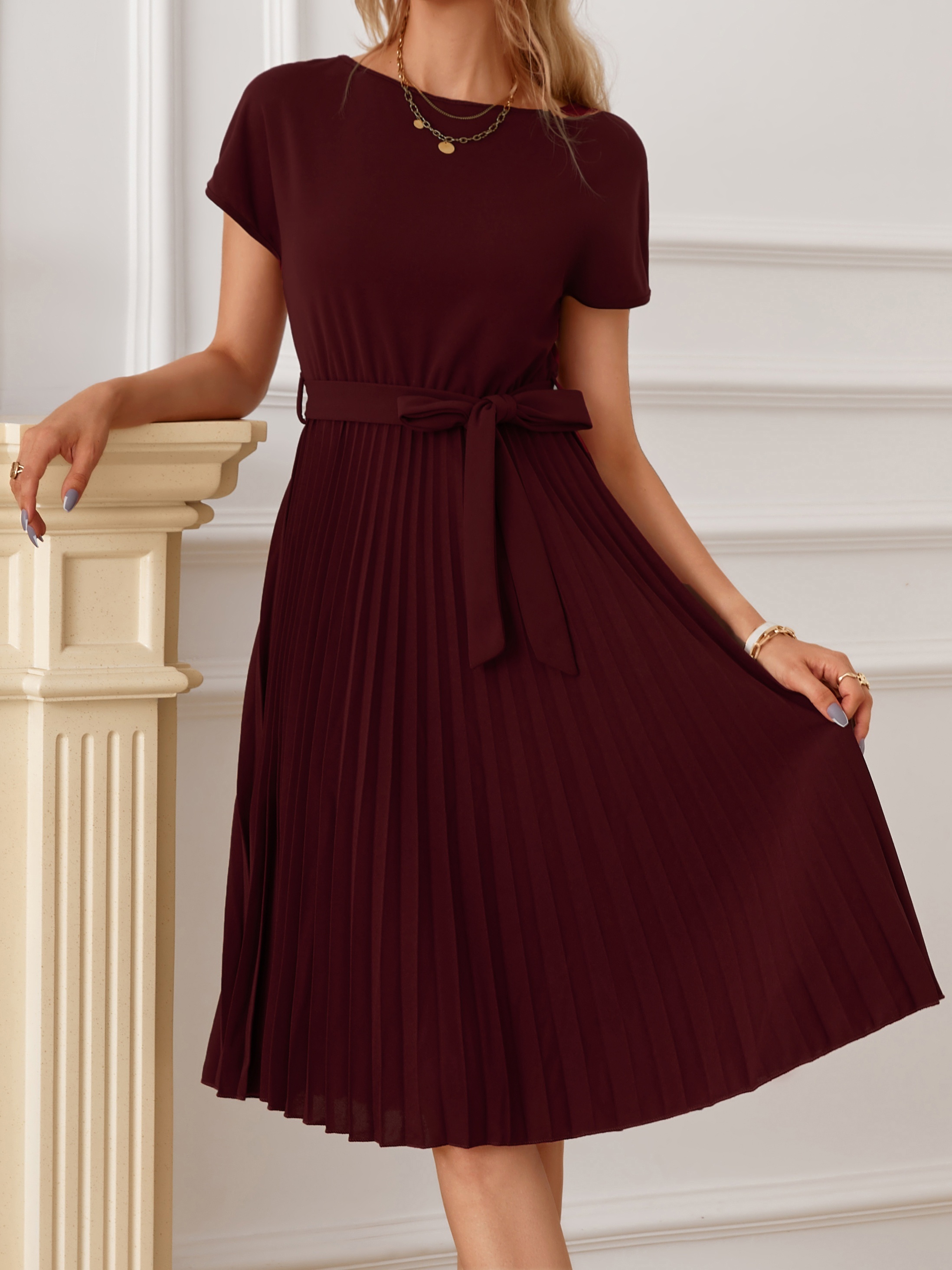 solid pleated dress elegant boat neck short sleeve party dress womens clothing details 0