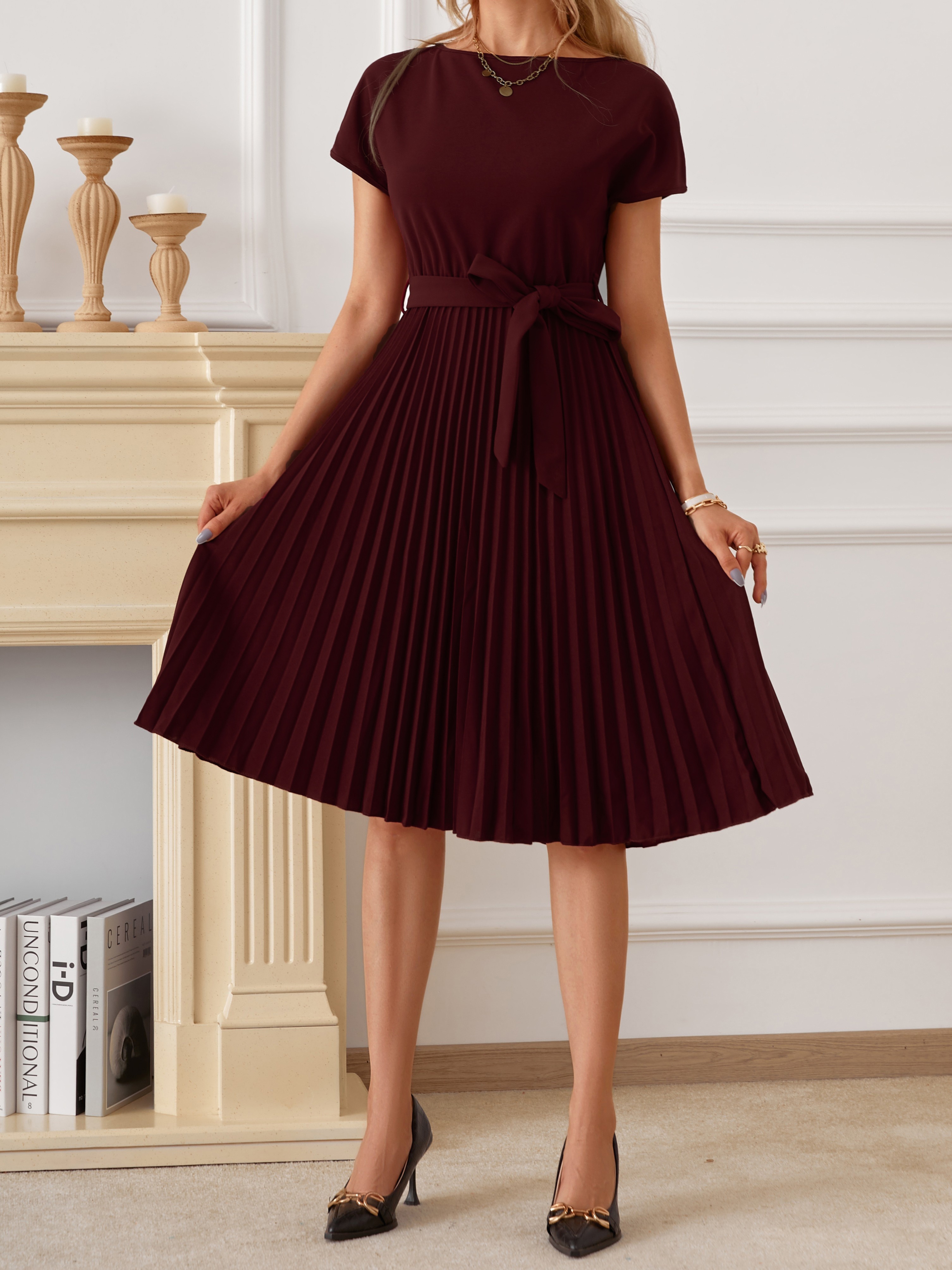 solid pleated dress elegant boat neck short sleeve party dress womens clothing details 2