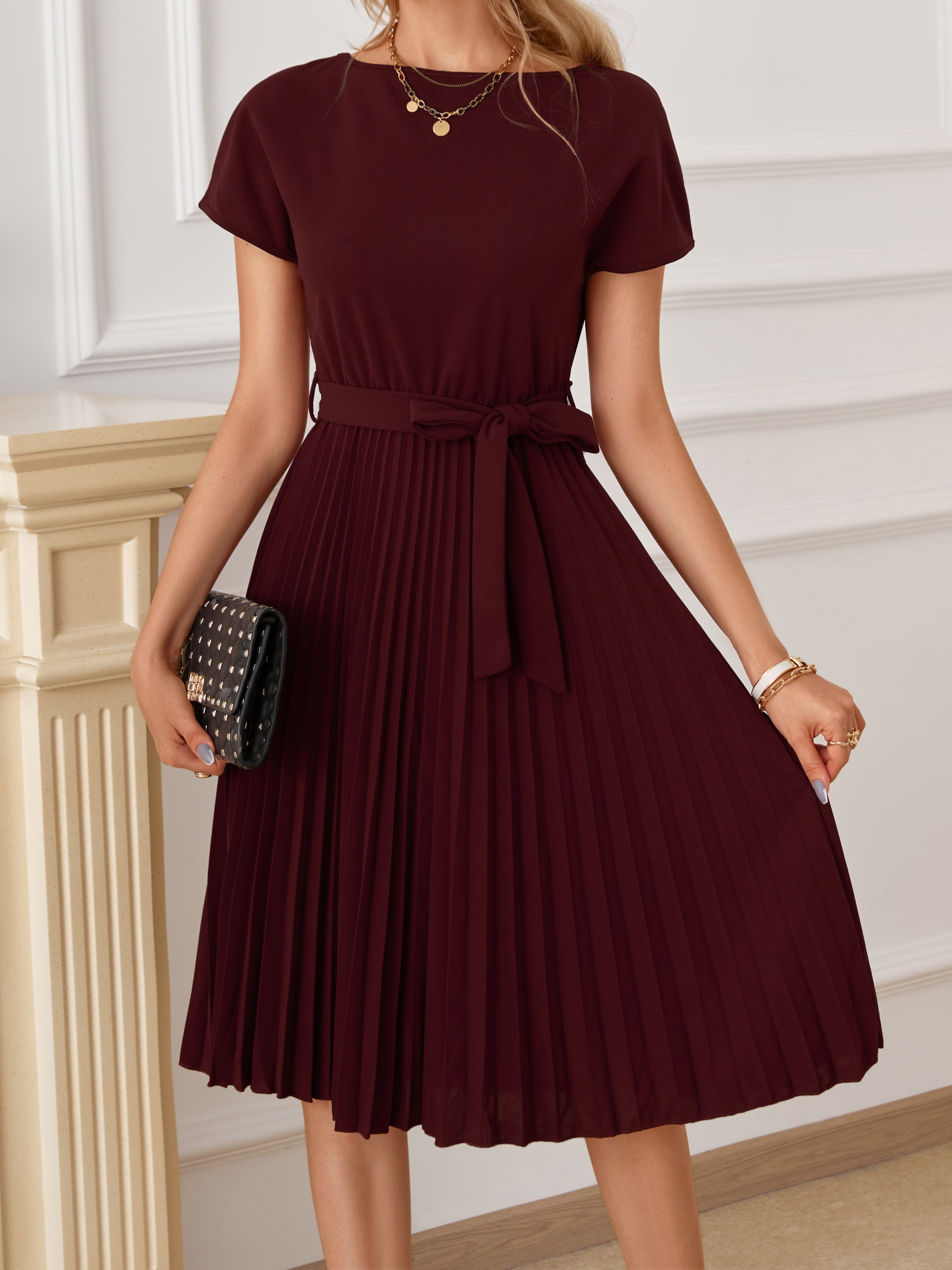 solid pleated dress elegant boat neck short sleeve party dress womens clothing details 4