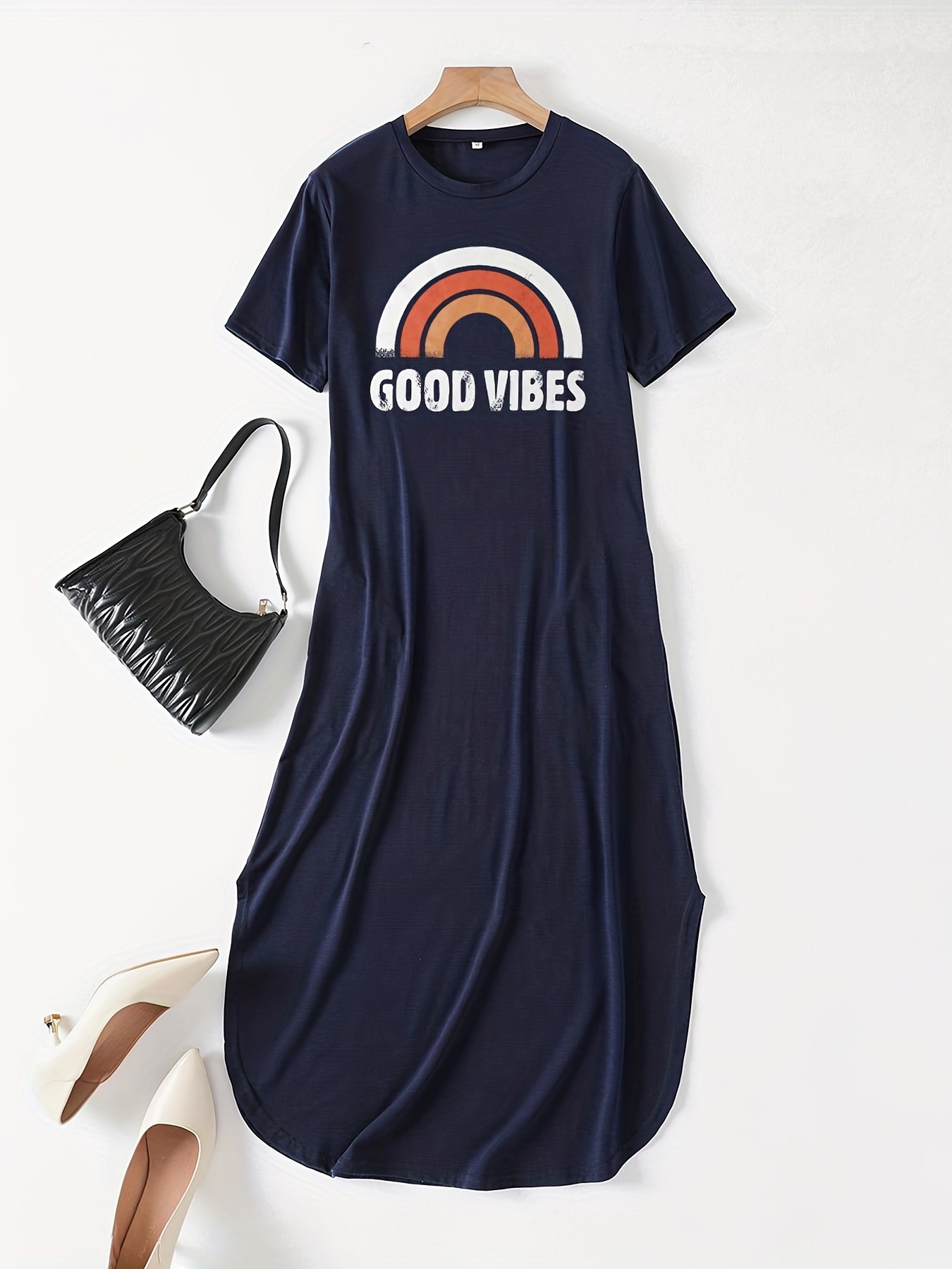 good vibes letter print dress casual crew neck short sleeve maxi dress womens clothing details 2