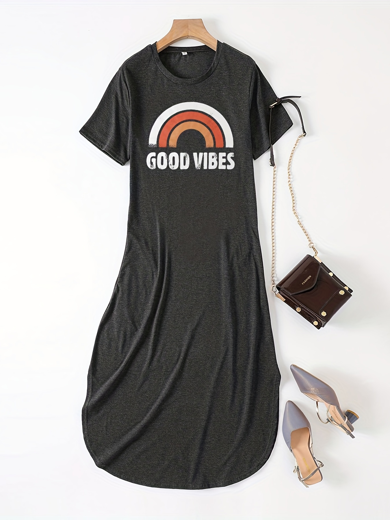 good vibes letter print dress casual crew neck short sleeve maxi dress womens clothing details 7