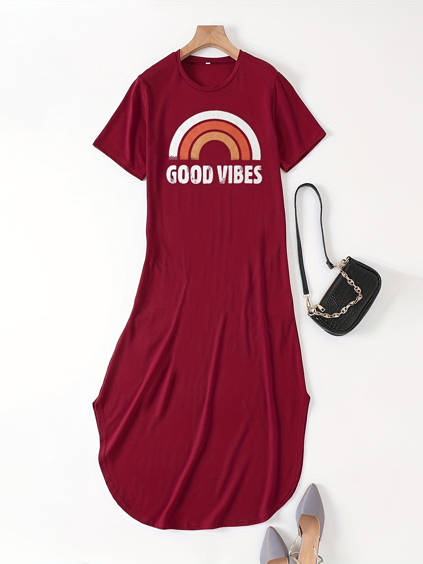 good vibes letter print dress casual crew neck short sleeve maxi dress womens clothing details 12