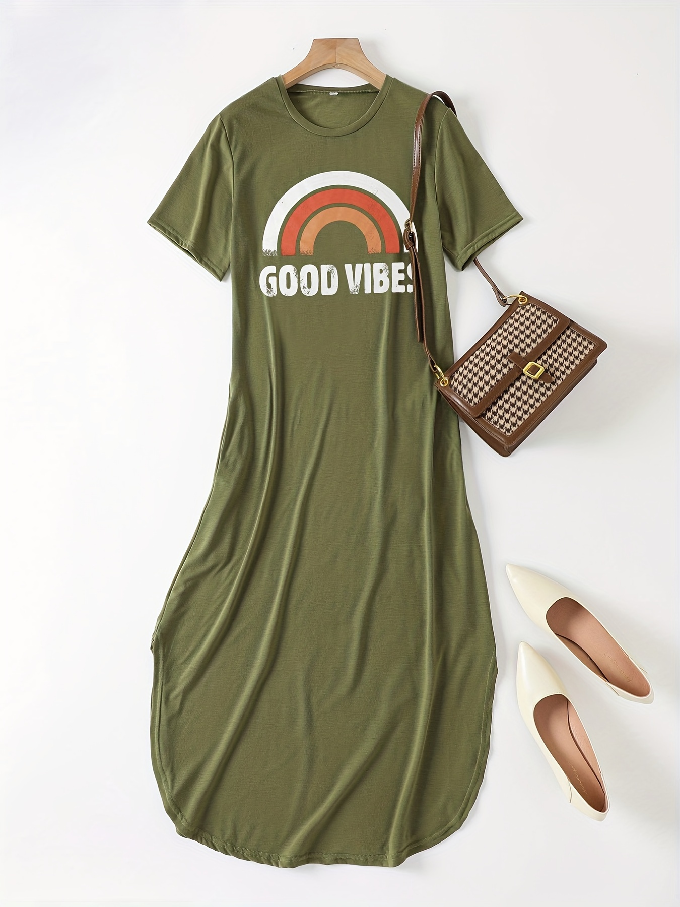 good vibes letter print dress casual crew neck short sleeve maxi dress womens clothing details 17