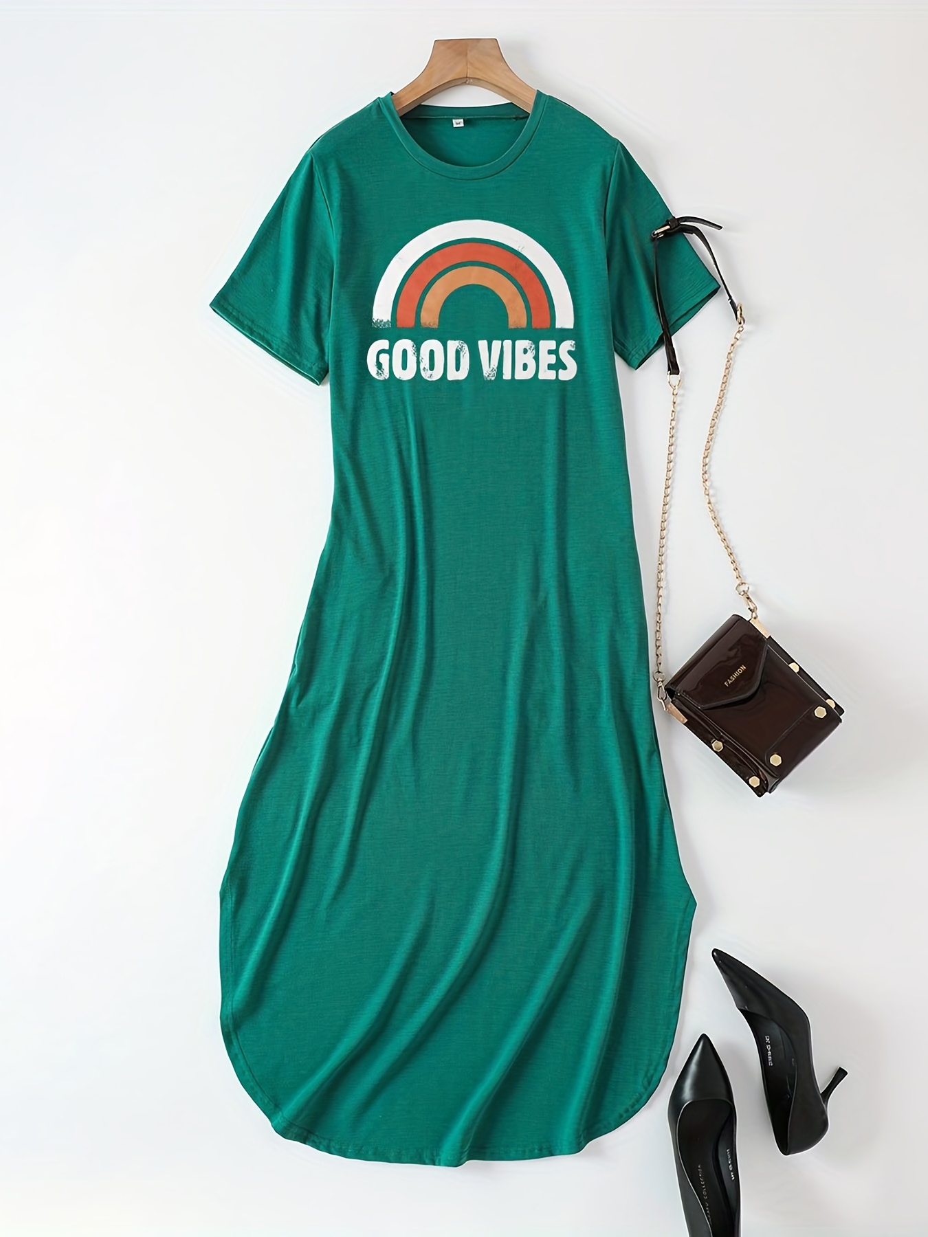 good vibes letter print dress casual crew neck short sleeve maxi dress womens clothing details 22