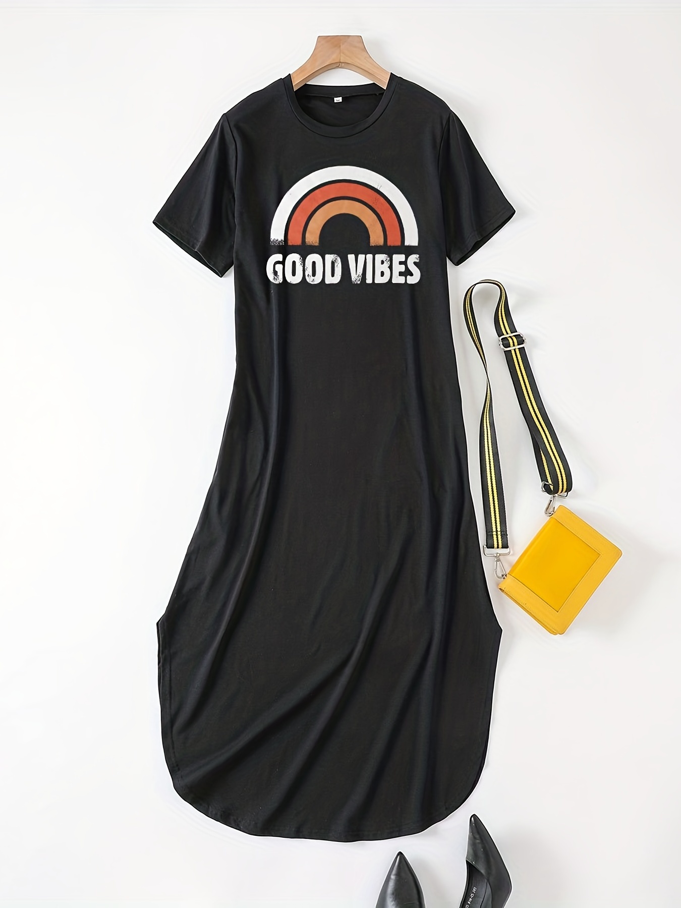 good vibes letter print dress casual crew neck short sleeve maxi dress womens clothing details 27