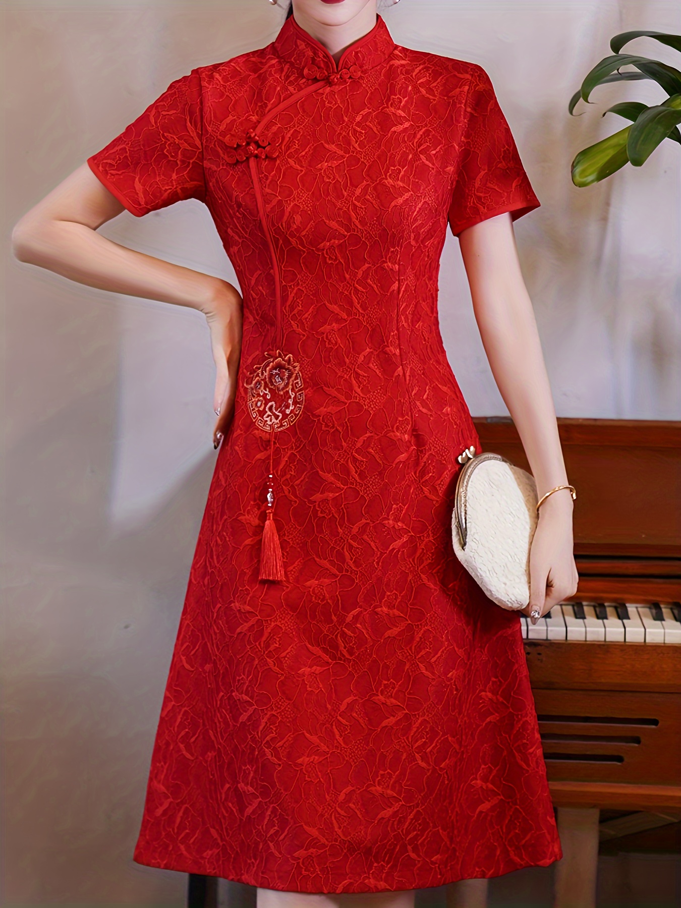 chinese vintage a line cheongsam short sleeve frog button mandarin collar dress womens clothing details 1