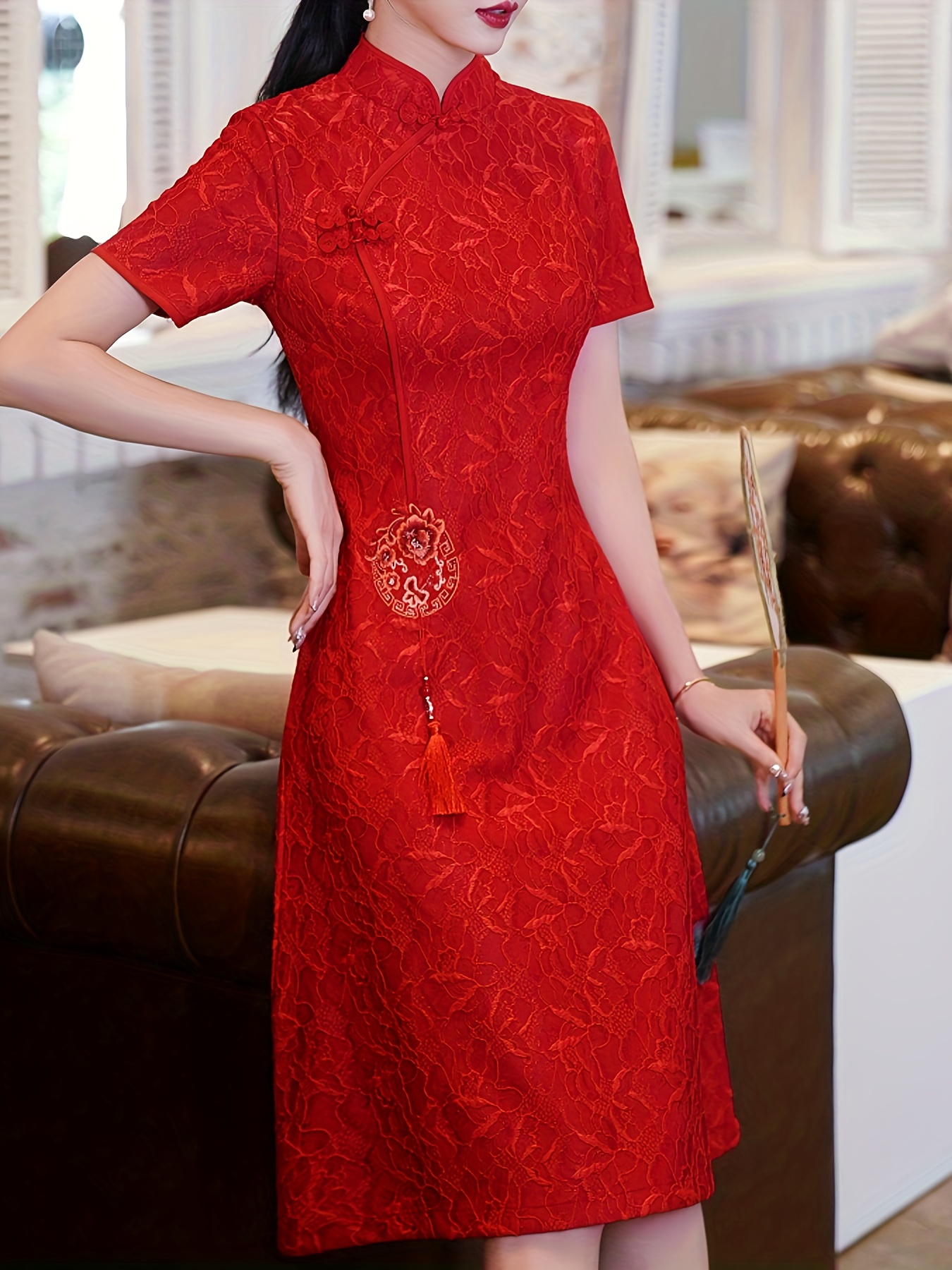 chinese vintage a line cheongsam short sleeve frog button mandarin collar dress womens clothing details 3