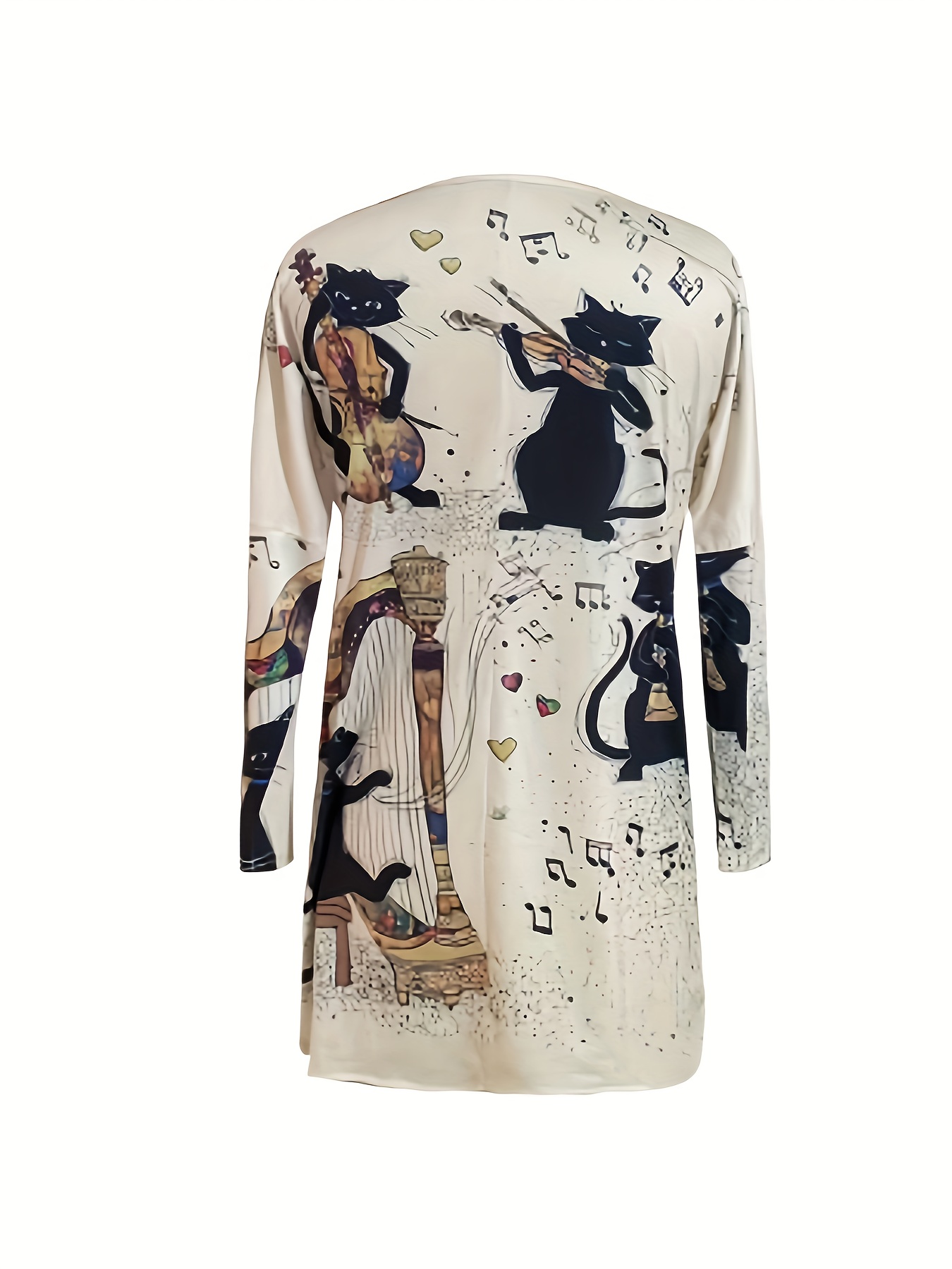 cat print dual pockets dress casual v neck long sleeve dress womens clothing details 0