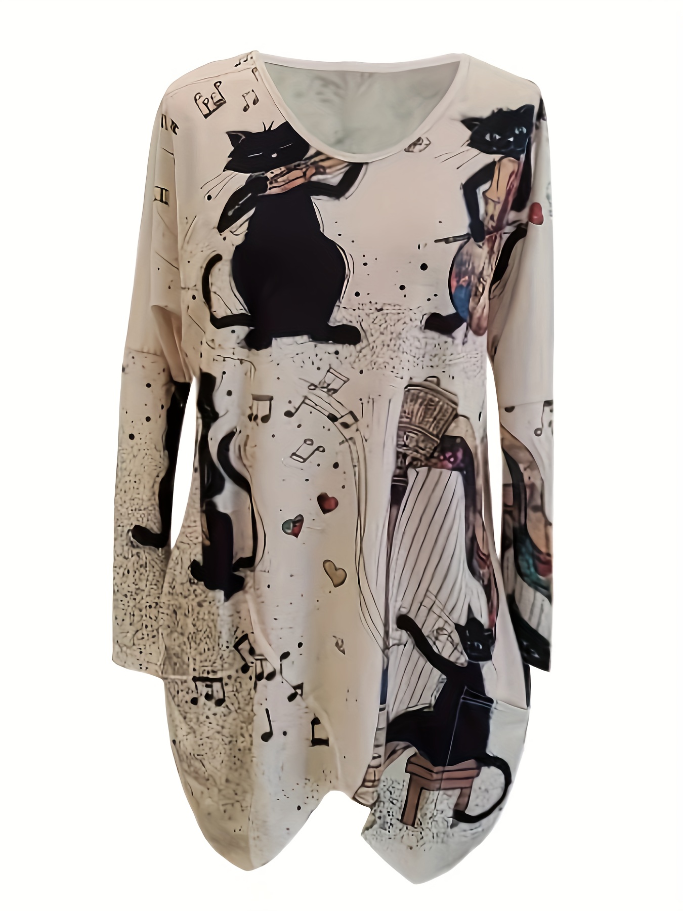 cat print dual pockets dress casual v neck long sleeve dress womens clothing details 2