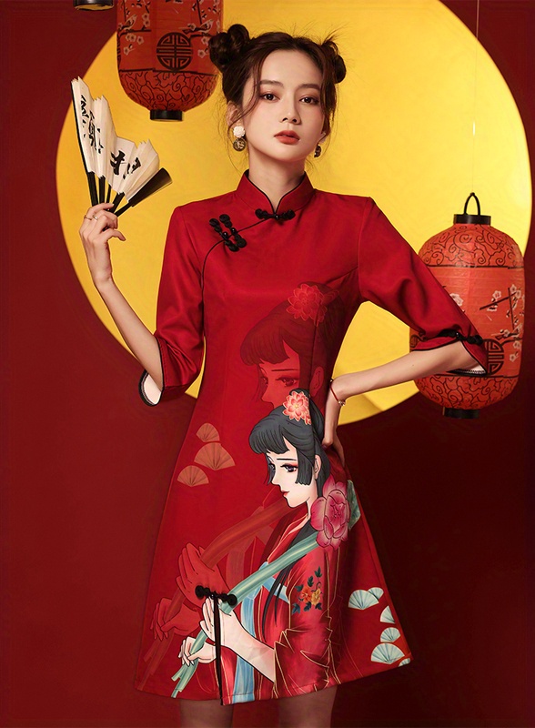 girl print cheongsam dress vintage chinese style slim qipao dress womens clothing details 0