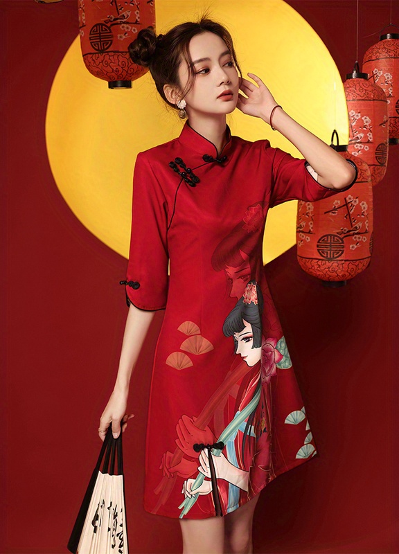 girl print cheongsam dress vintage chinese style slim qipao dress womens clothing details 1