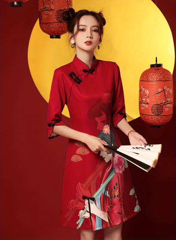 girl print cheongsam dress vintage chinese style slim qipao dress womens clothing details 2