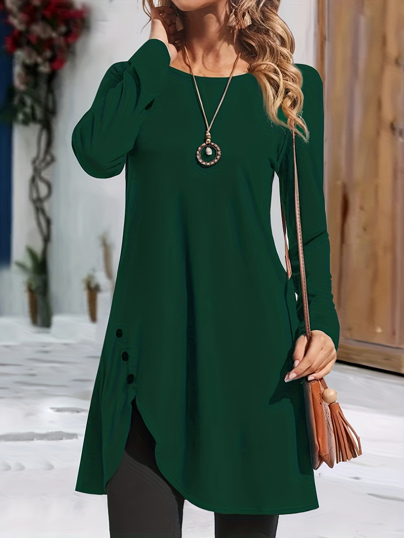 asymmetrical hem solid dress casual crew neck long sleeve dress with buttons womens clothing details 3